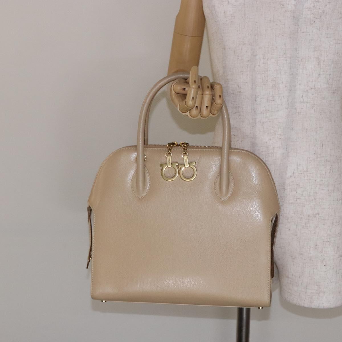 Salvatore Ferragamo Gancini Hand Bag Leather Ivory Gold Auth 139544