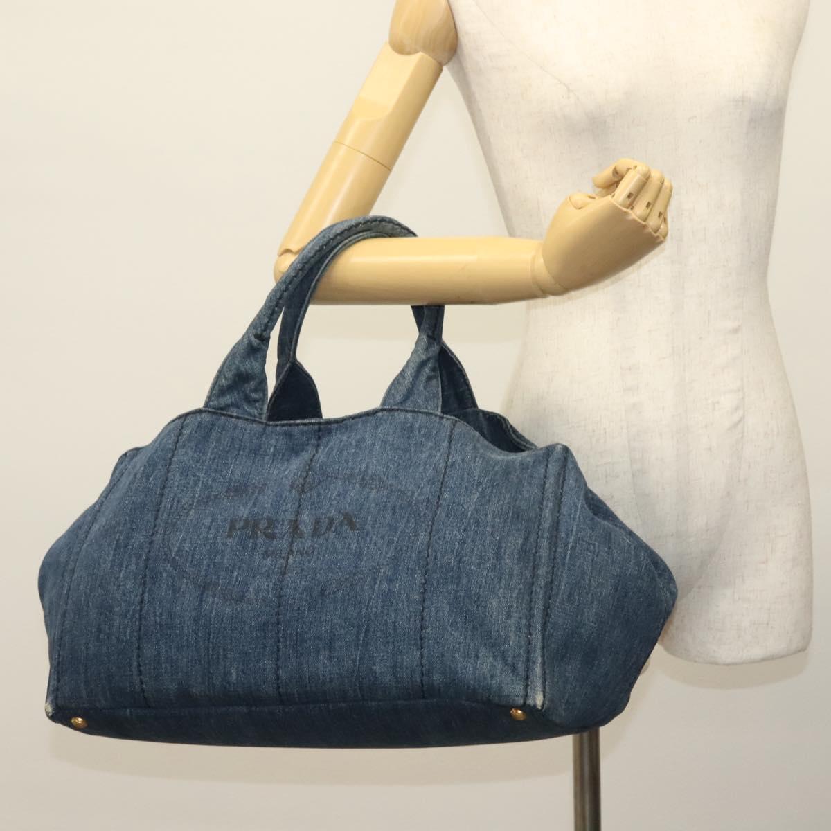 PRADA Canapa GM Hand Bag Denim Blue Gold Auth 139546