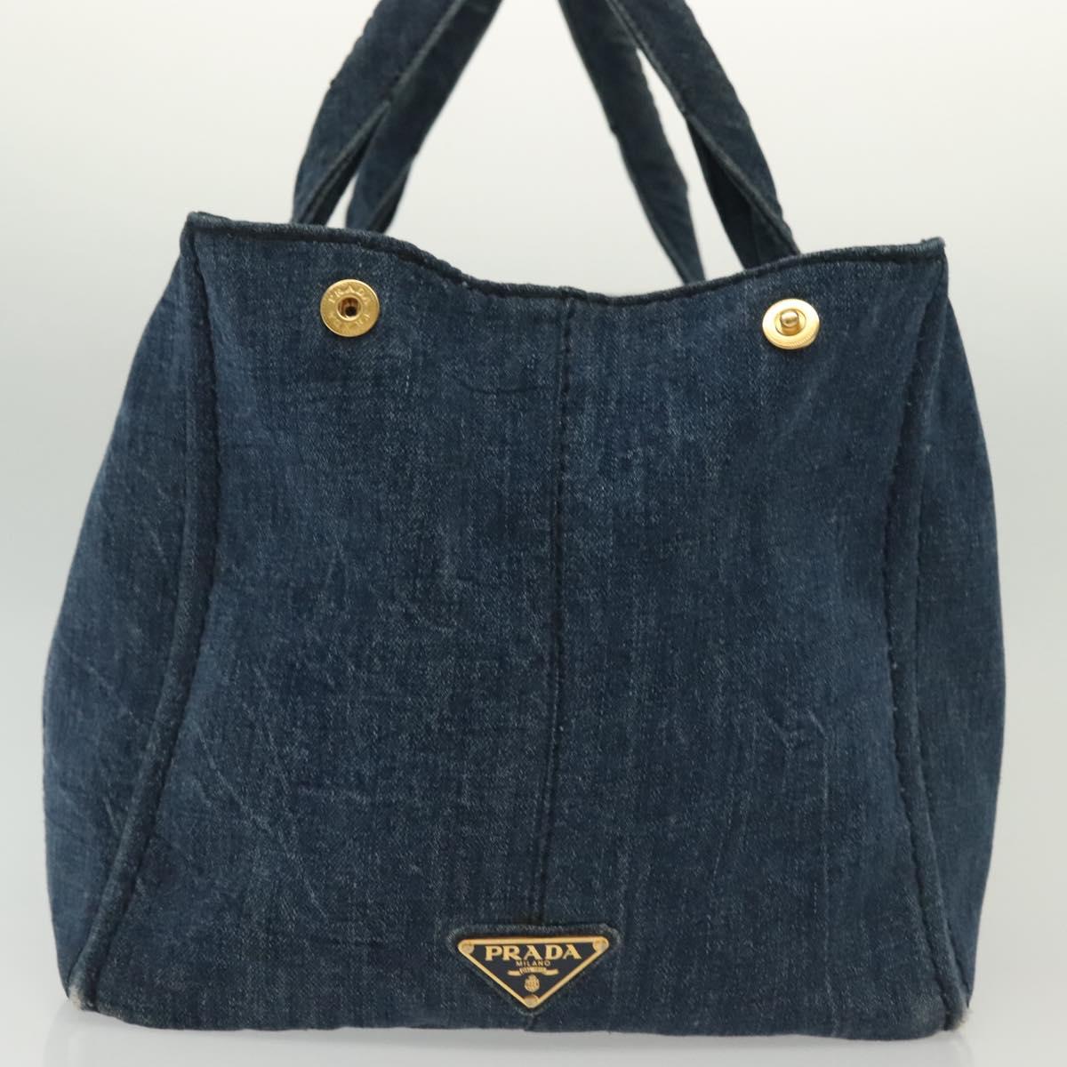 PRADA Canapa GM Hand Bag Denim Blue Gold Auth 139546