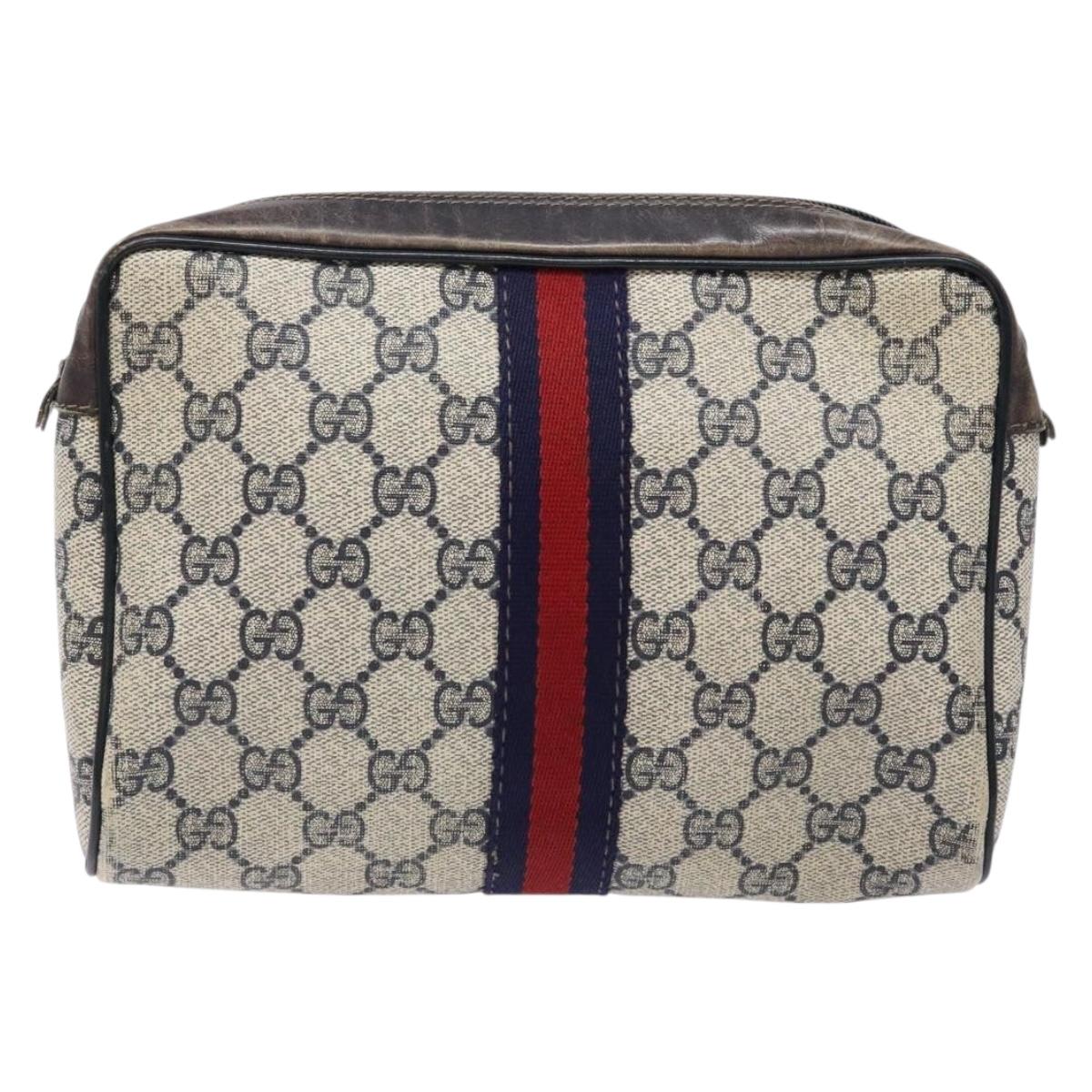 GUCCI GG Supreme Sherry Line Clutch Bag PVC Navy Gold Auth 139644