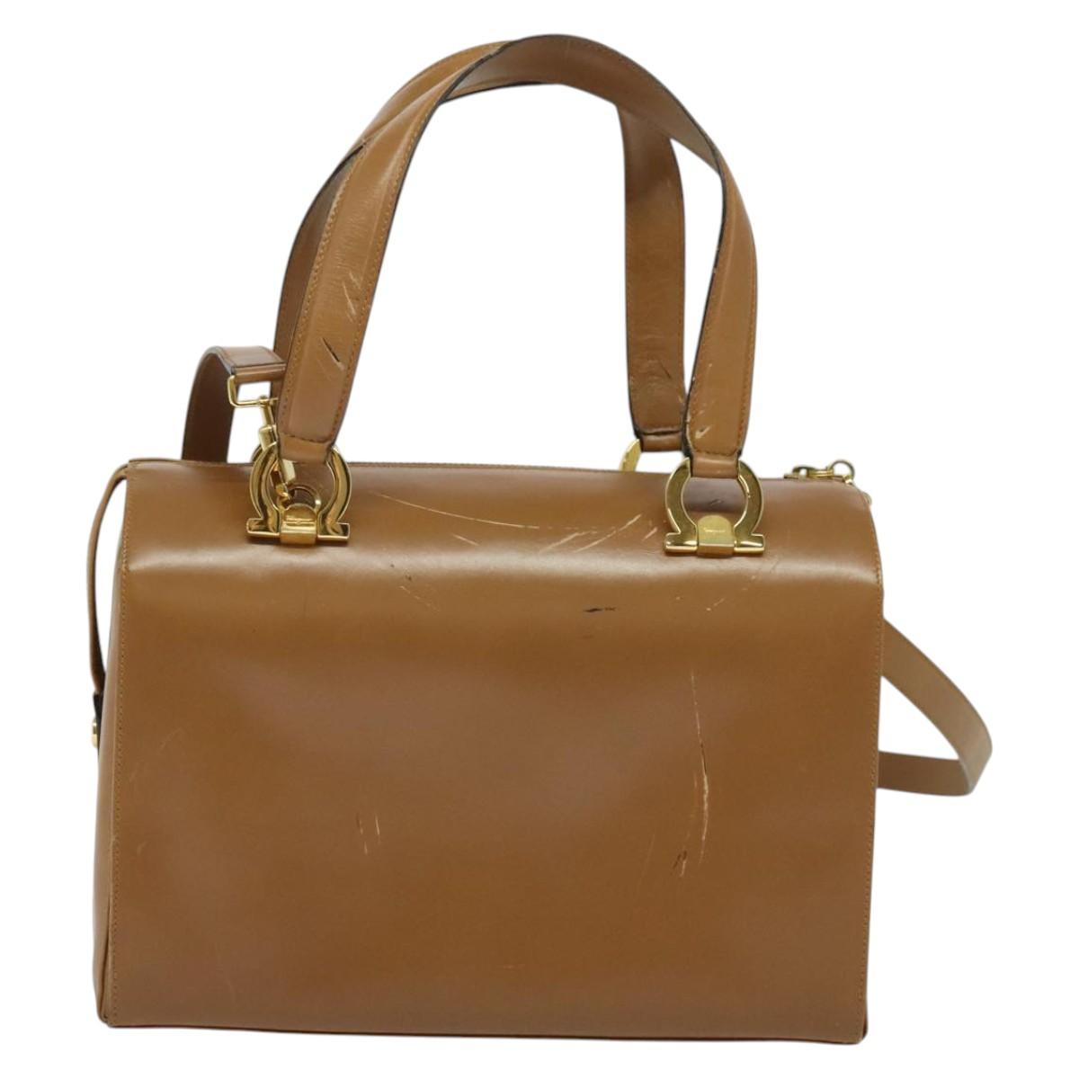 Salvatore Ferragamo Gancini Hand Bag Leather 2way Brown Gold Auth 139653