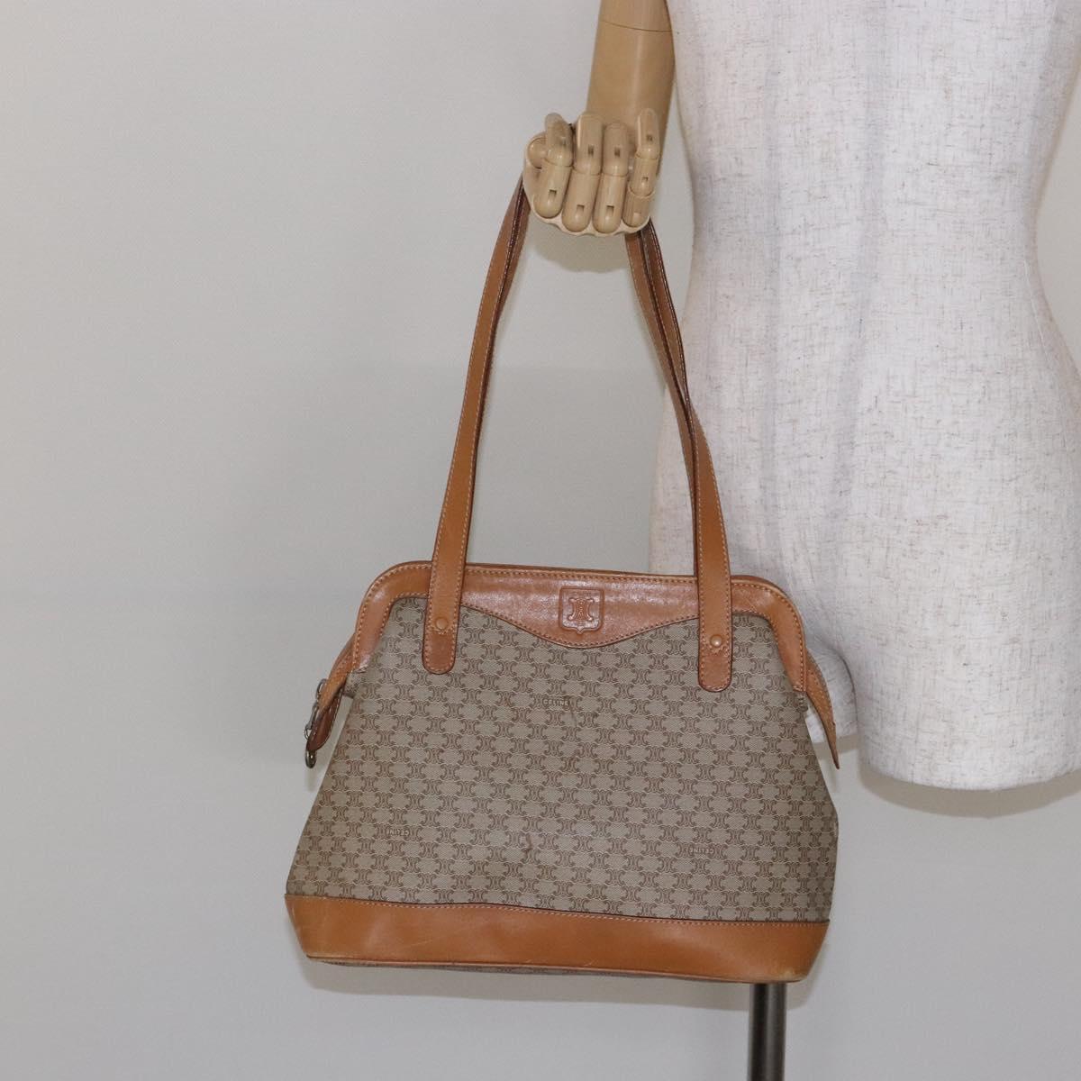CELINE Macadam Canvas Shoulder Bag PVC Beige Gold Auth 139658