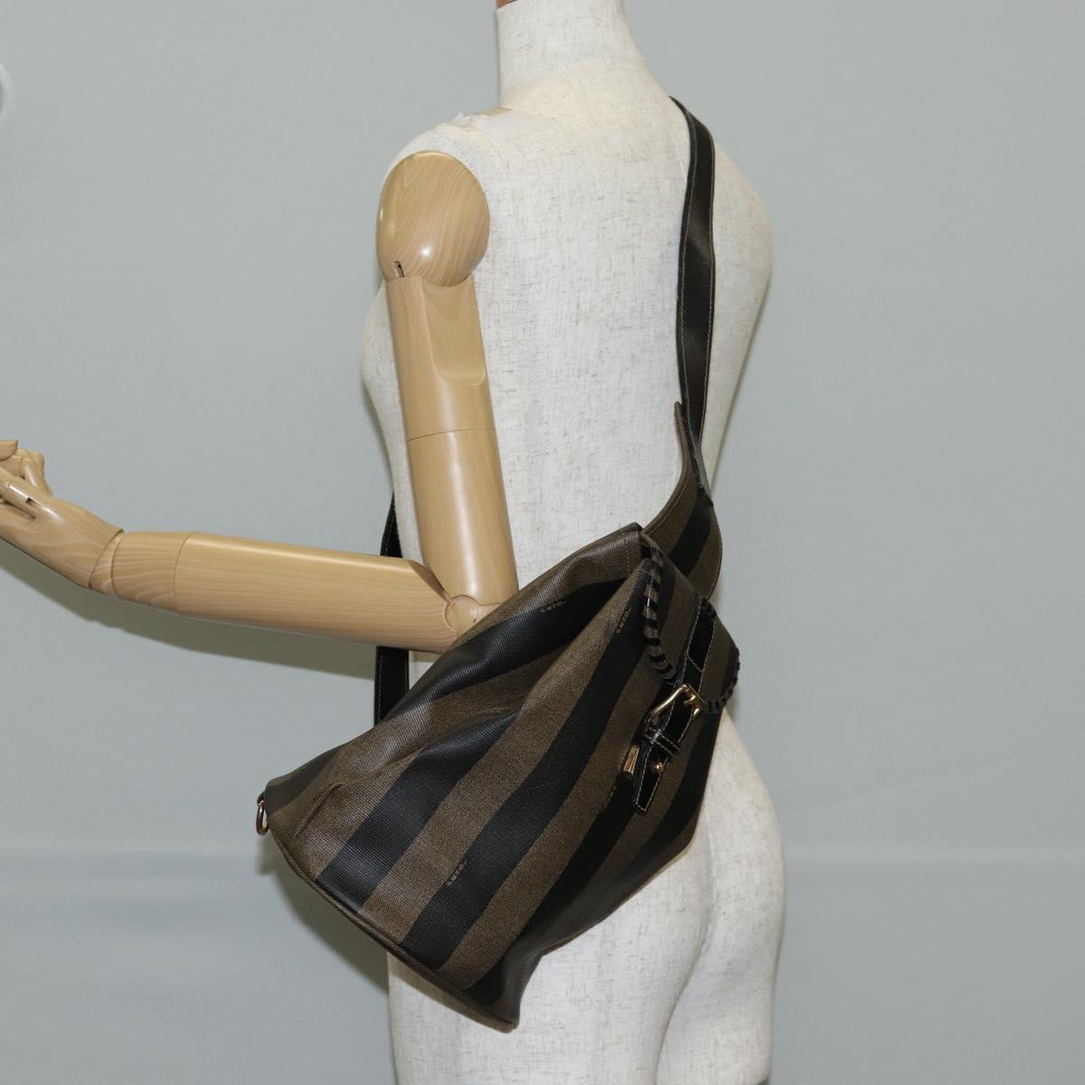 FENDI Pecan Canvas Shoulder Bag PVC Black Brown gold Auth 139699