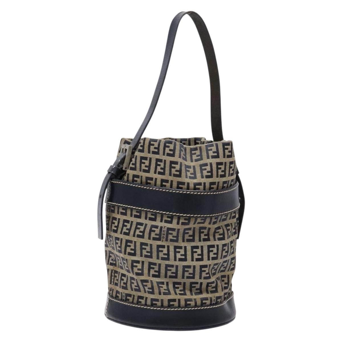 FENDI Zucchino Canvas Shoulder Bag Navy Silver Auth 139734