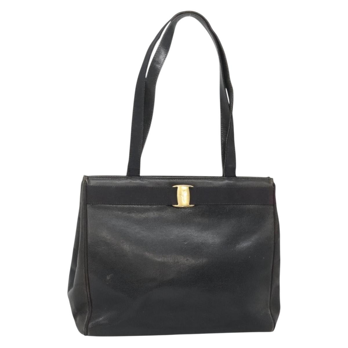 Salvatore Ferragamo Vala Tote Bag Leather Black Gold Auth 139754
