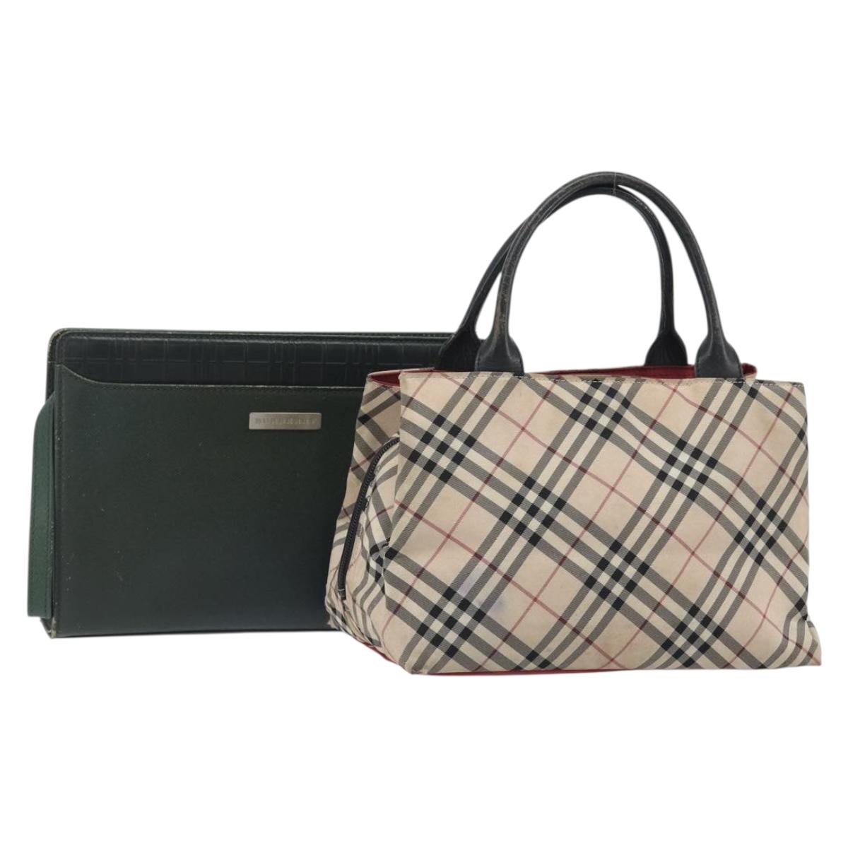 BURBERRY Nova Check Bag Nylon Leather 2 Set Beige Green Auth 139805