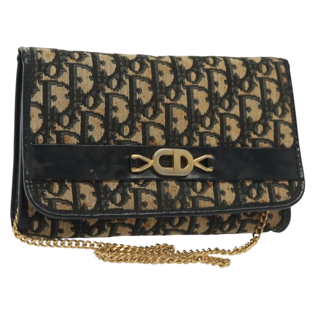 Christian Dior Trotter Canvas Chain Shoulder Bag Navy Gold Auth 139814