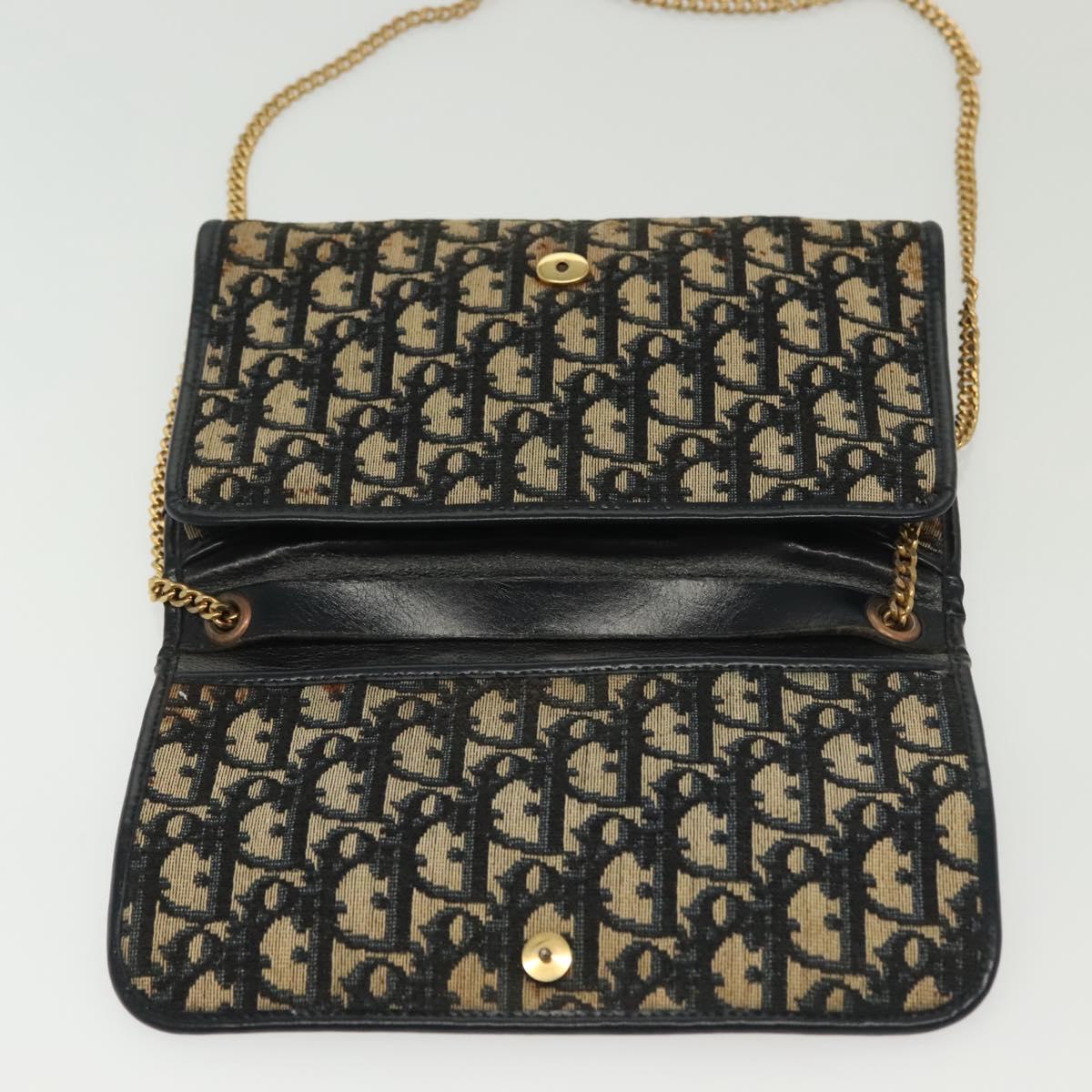 Christian Dior Trotter Canvas Chain Shoulder Bag Navy Gold Auth 139814