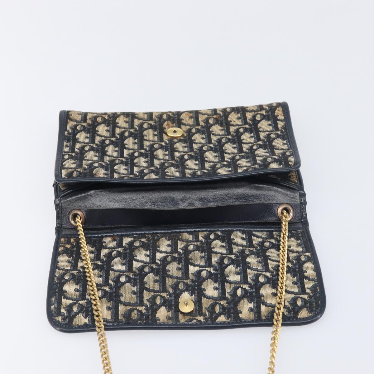 Christian Dior Trotter Canvas Chain Shoulder Bag Navy Gold Auth 139814
