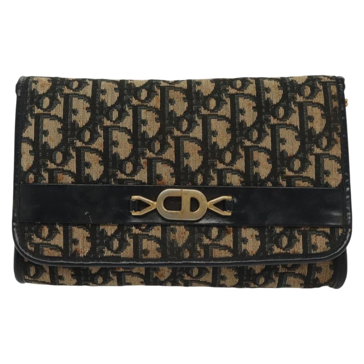 Christian Dior Trotter Canvas Chain Shoulder Bag Navy Gold Auth 139814