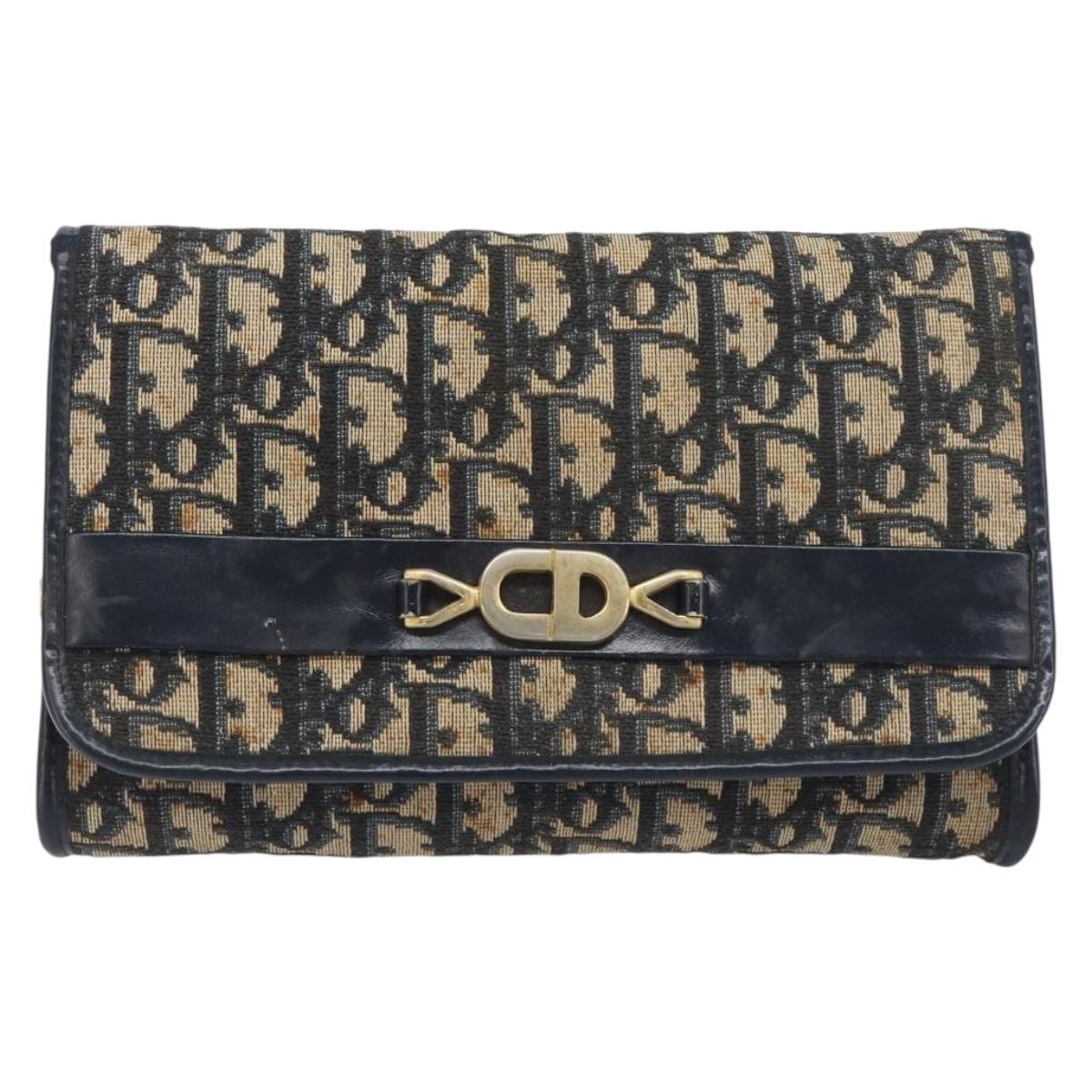 Christian Dior Trotter Canvas Chain Shoulder Bag Navy Gold Auth 139814