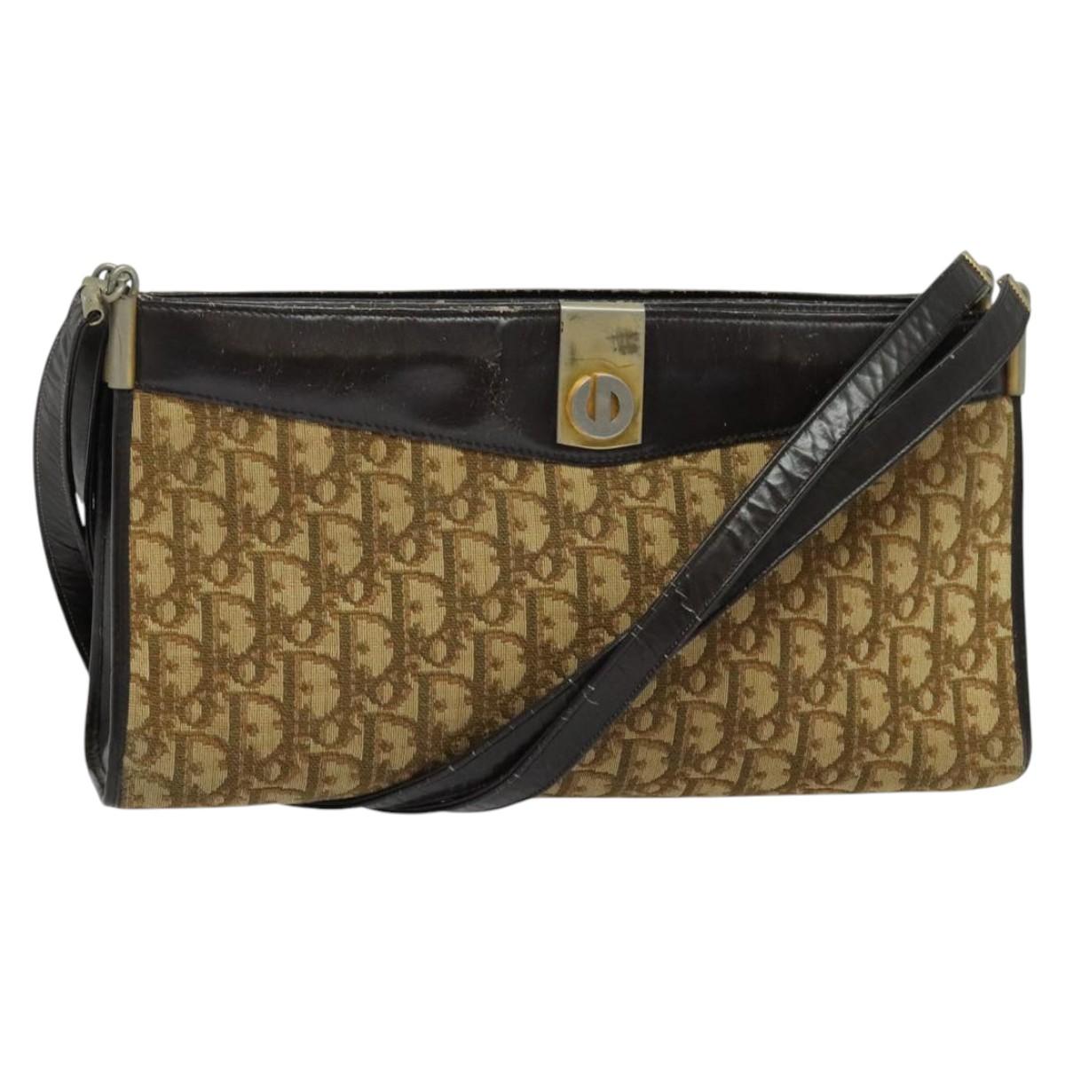 Christian Dior Trotter Canvas Shoulder Bag Beige Gold Auth 139815