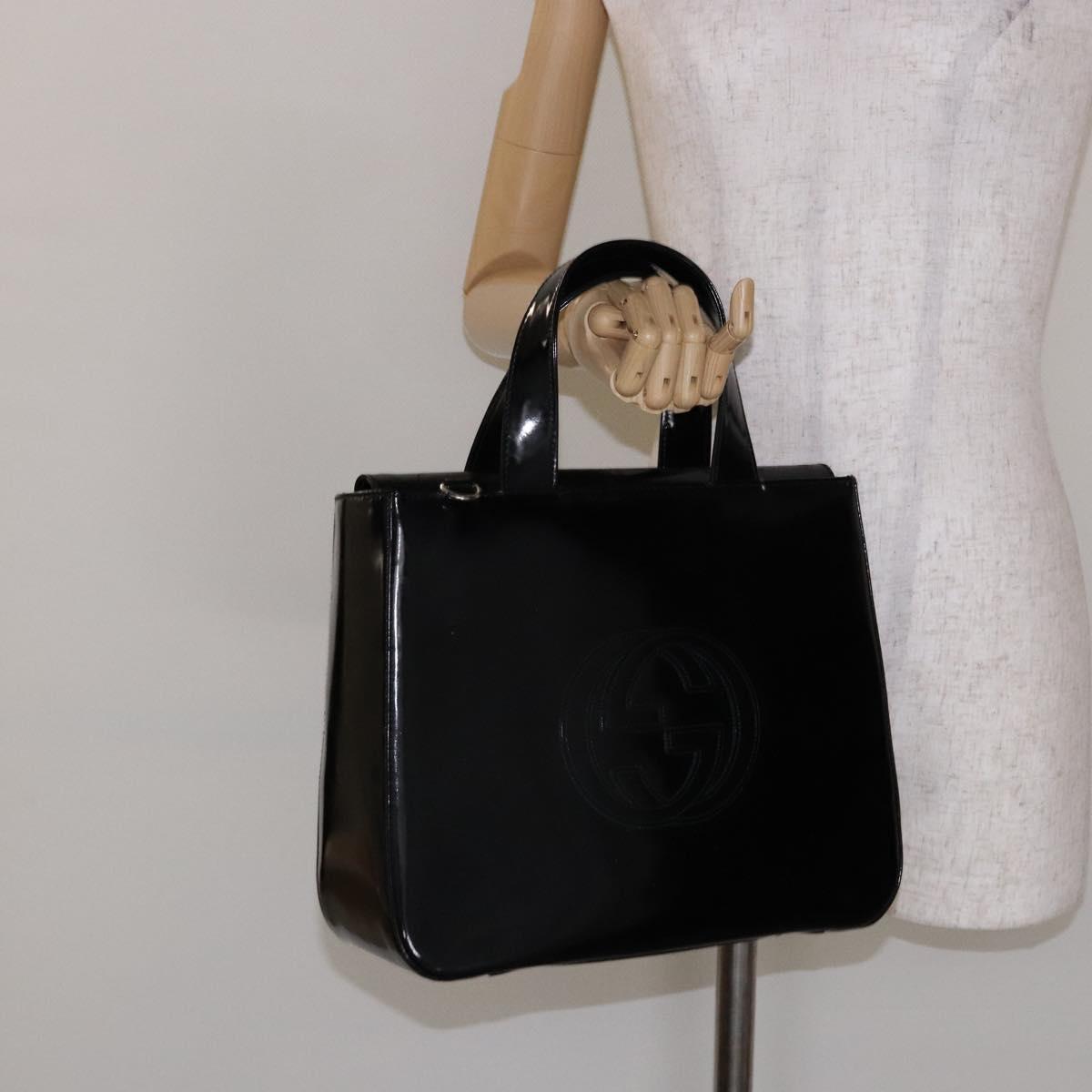 GUCCI Interlocking Hand Bag Patent leather Black 000 1013 0504 Auth 139818