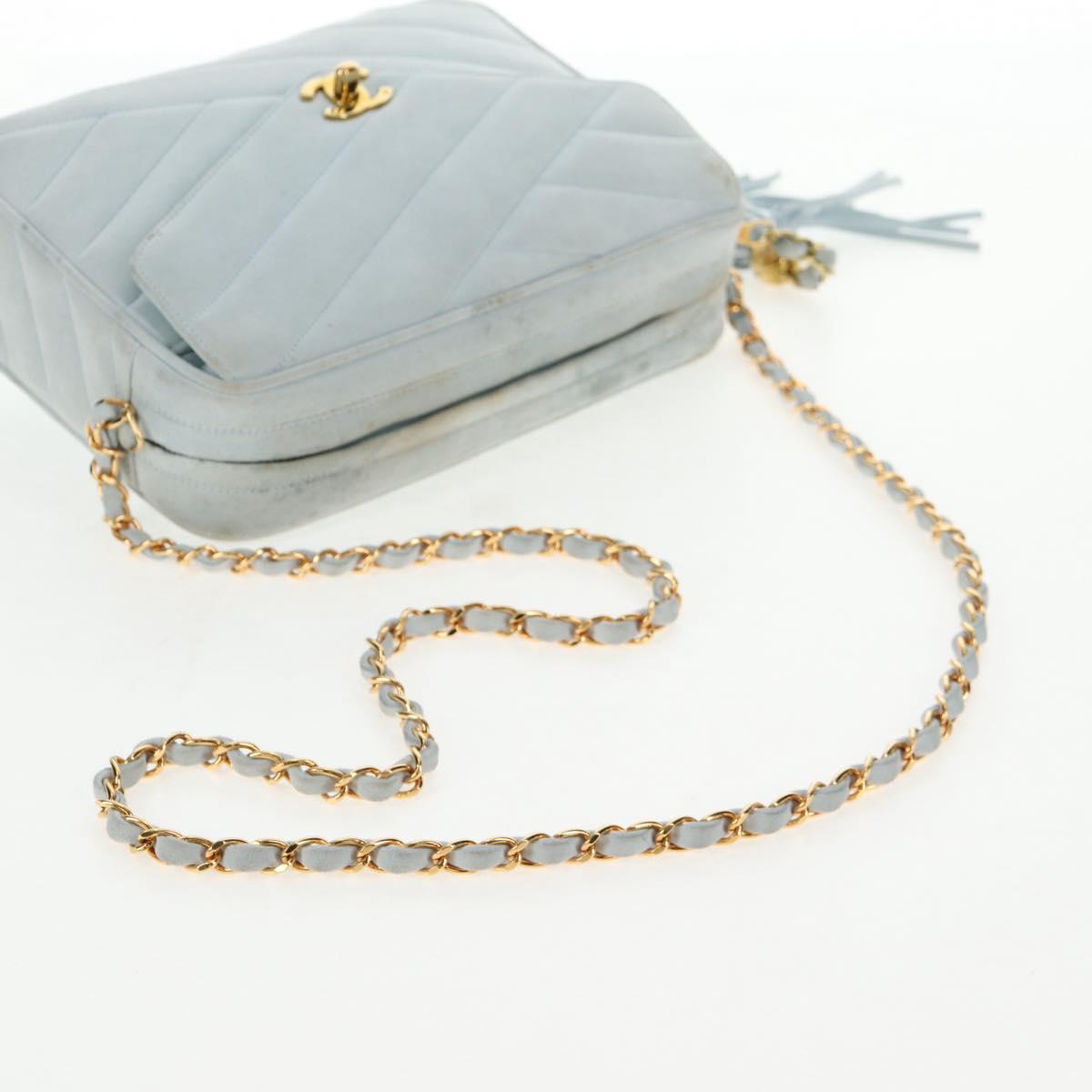 CHANEL Bias Stitch Chain Shoulder Bag Suede Light Blue Gold CC Auth 139935V