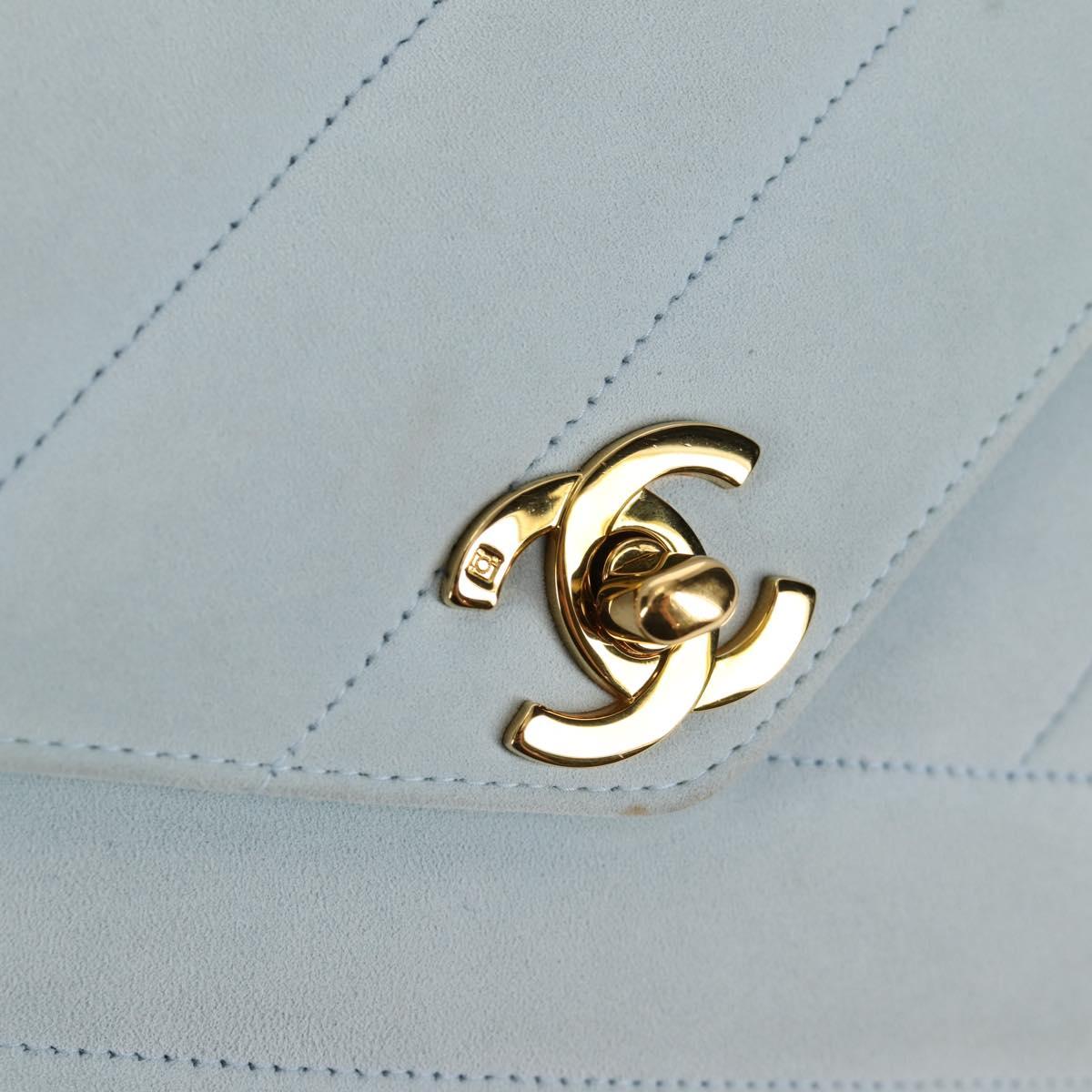 CHANEL Bias Stitch Chain Shoulder Bag Suede Light Blue Gold CC Auth 139935V