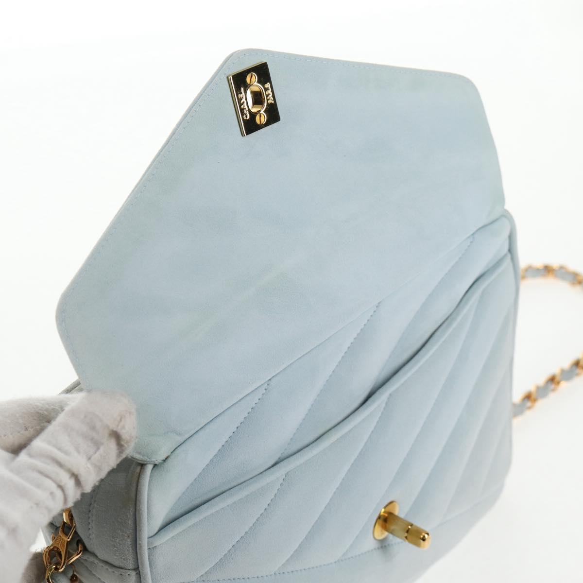 CHANEL Bias Stitch Chain Shoulder Bag Suede Light Blue Gold CC Auth 139935V