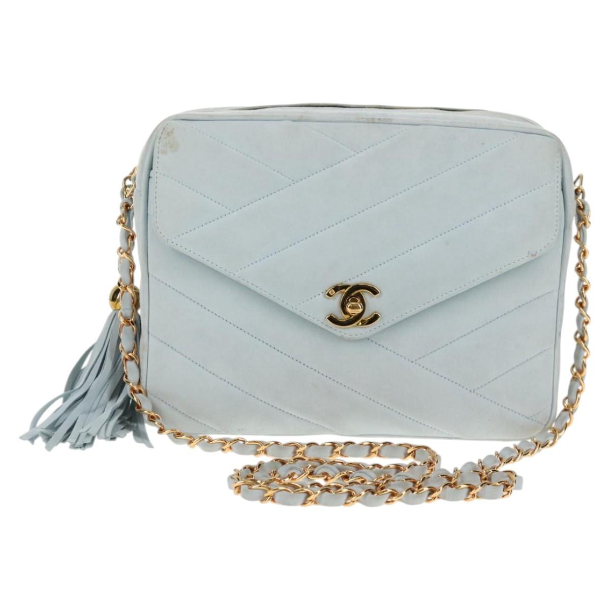 CHANEL Bias Stitch Chain Shoulder Bag Suede Light Blue Gold CC Auth 139935V