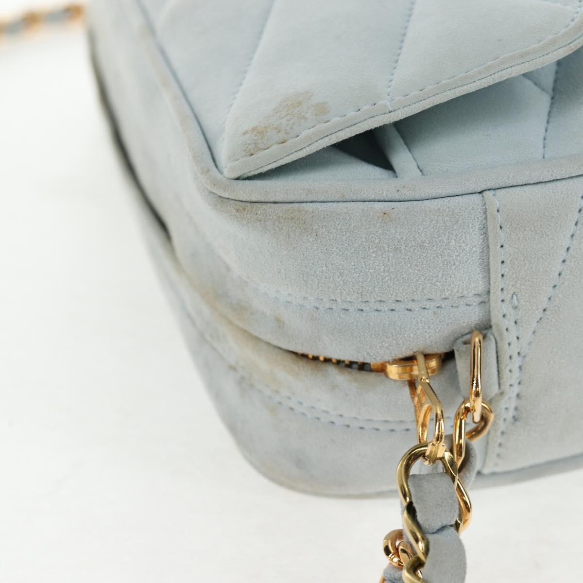 CHANEL Bias Stitch Chain Shoulder Bag Suede Light Blue Gold CC Auth 139935V