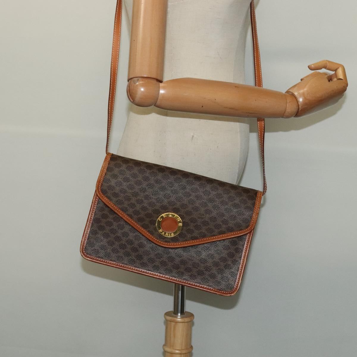 CELINE Macadam Canvas Shoulder Bag PVC Leather Brown Gold Auth 139945