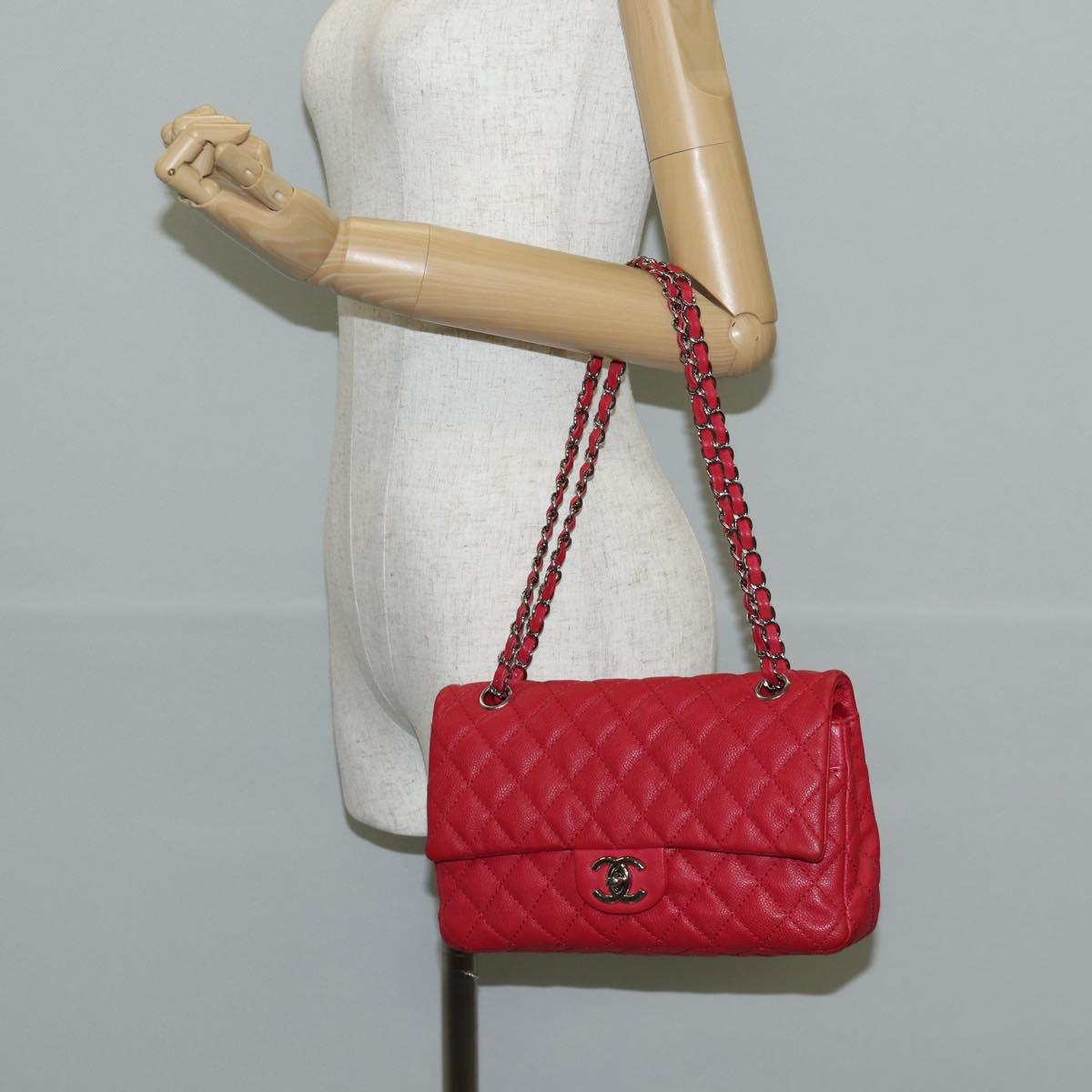 CHANEL Chain Shoulder Bag Caviar Skin Red Silver CC Auth 139978M