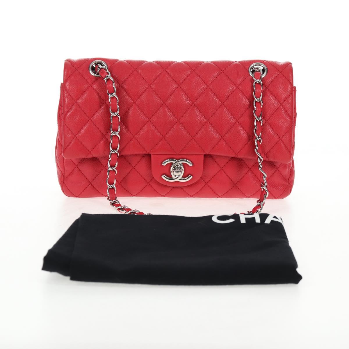 CHANEL Chain Shoulder Bag Caviar Skin Red Silver CC Auth 139978M