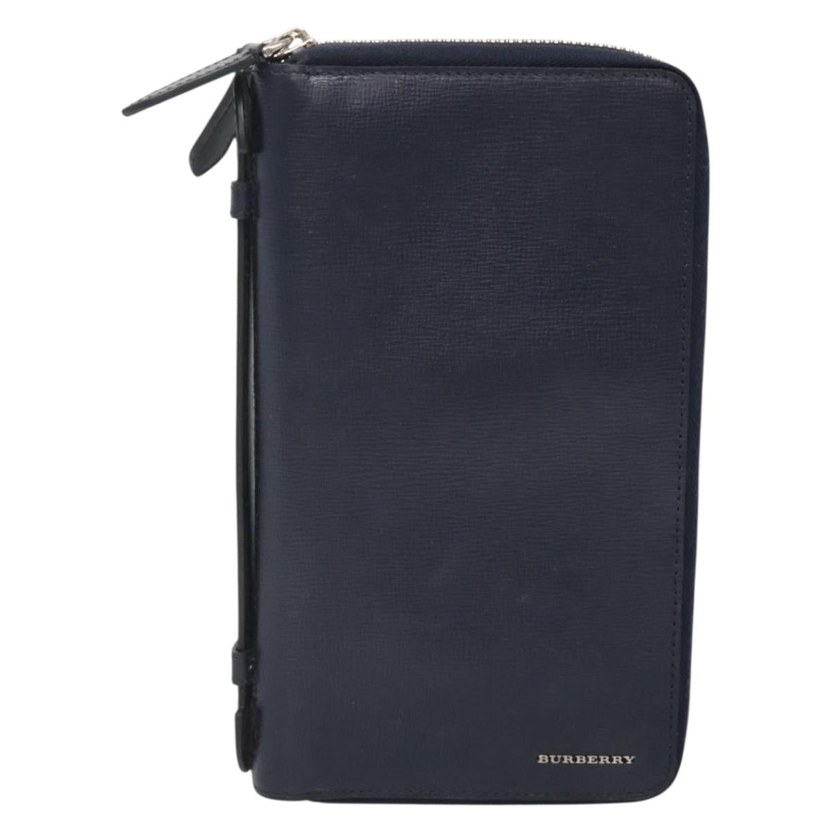 BURBERRY Travel Case Leather Navy Silver Auth 140004
