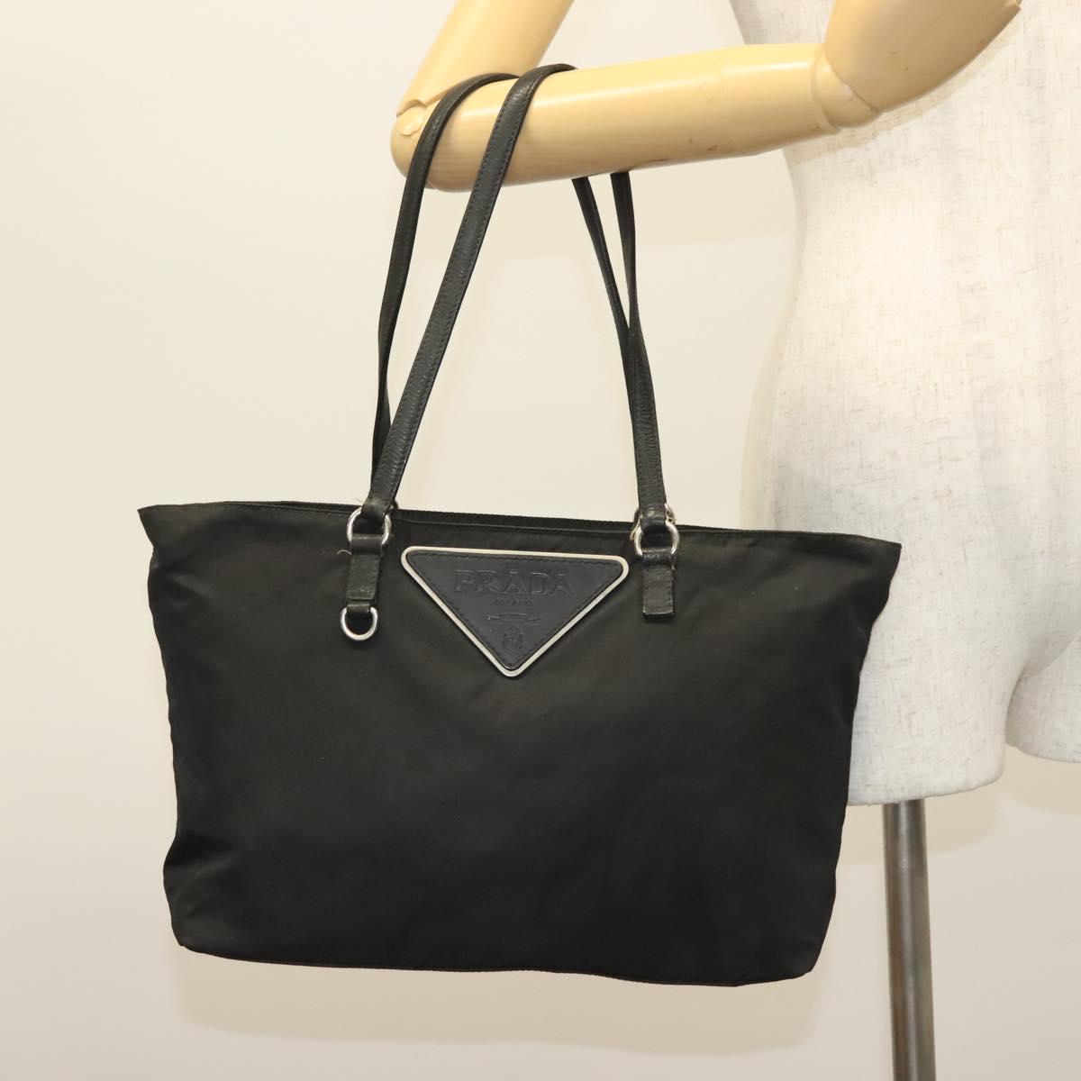PRADA Tote Bag Nylon Black Silver Auth 140097