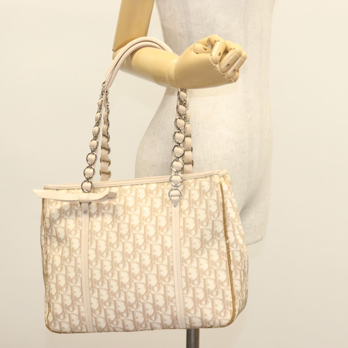 Christian Dior Trotter Canvas Romantic Chain Tote Bag PVC Beige Auth 140098