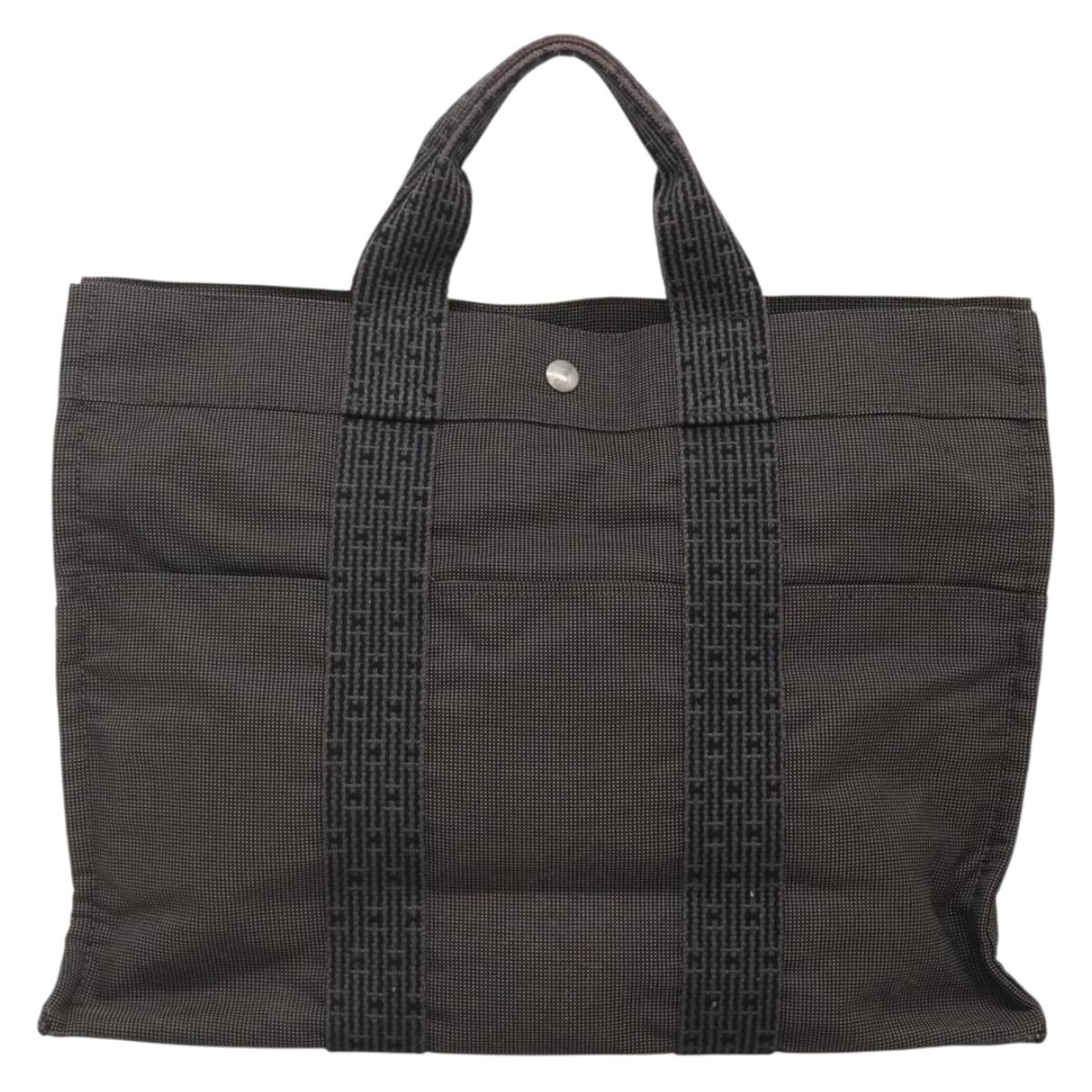 HERMES Her Line MM Hand Bag Canvas Gray Silver Auth 140106