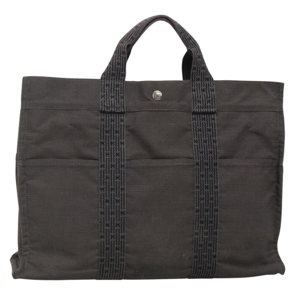 HERMES Her Line MM Hand Bag Canvas Gray Silver Auth 140108