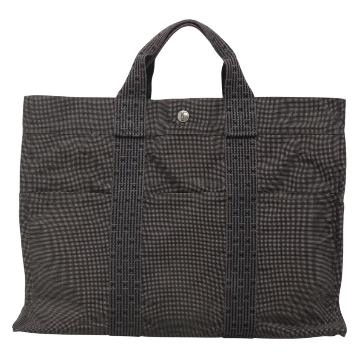 HERMES Her Line MM Hand Bag Canvas Gray Silver Auth 140108