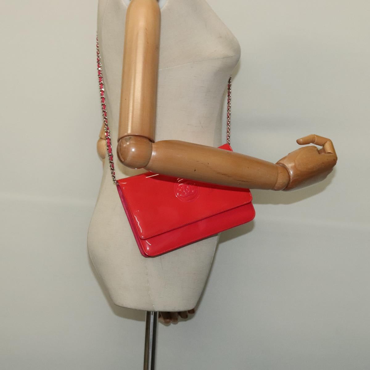 CHANEL Chain Shoulder Wallet Enamel Pink Silver CC Auth 140117