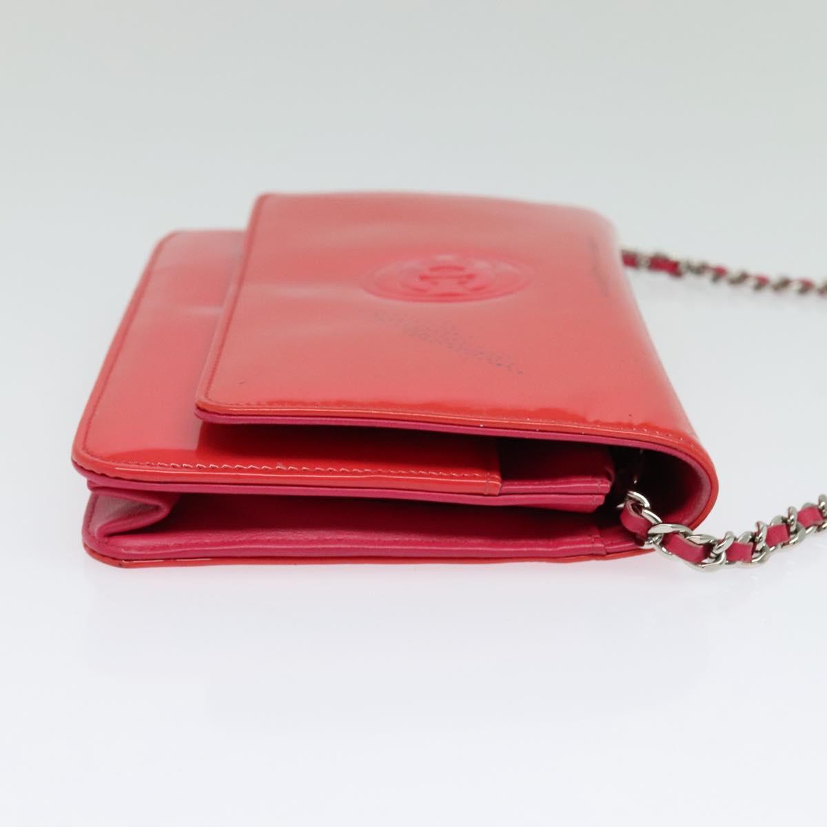 CHANEL Chain Shoulder Wallet Enamel Pink Silver CC Auth 140117