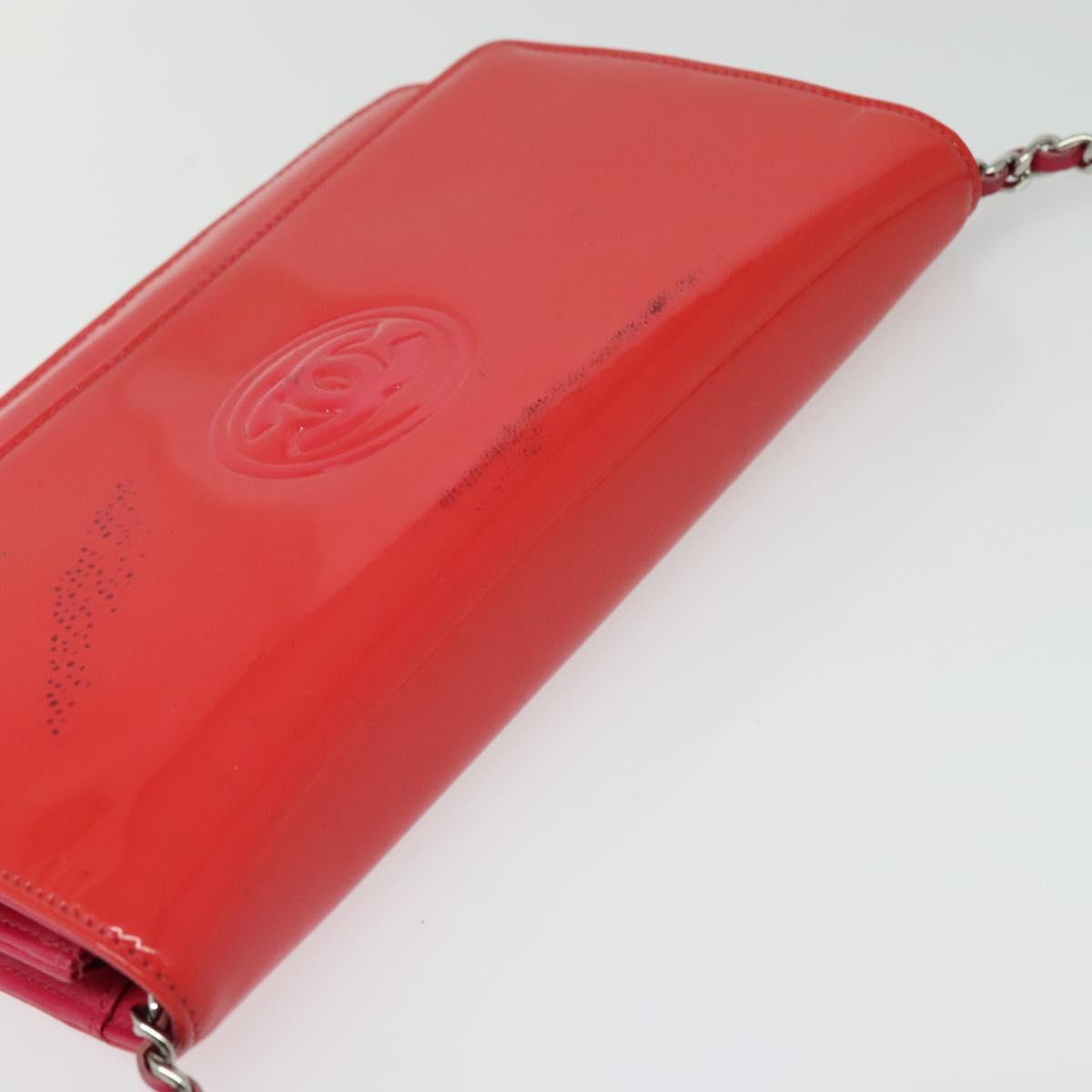 CHANEL Chain Shoulder Wallet Enamel Pink Silver CC Auth 140117