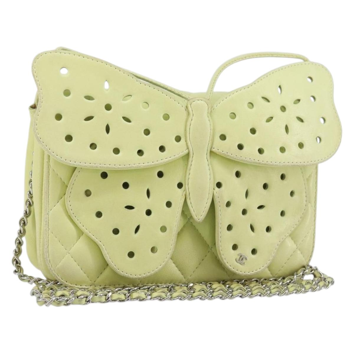 CHANEL Matelasse Chain Shoulder Bag Lamb Skin LIme Green Silver CC Auth 140123V