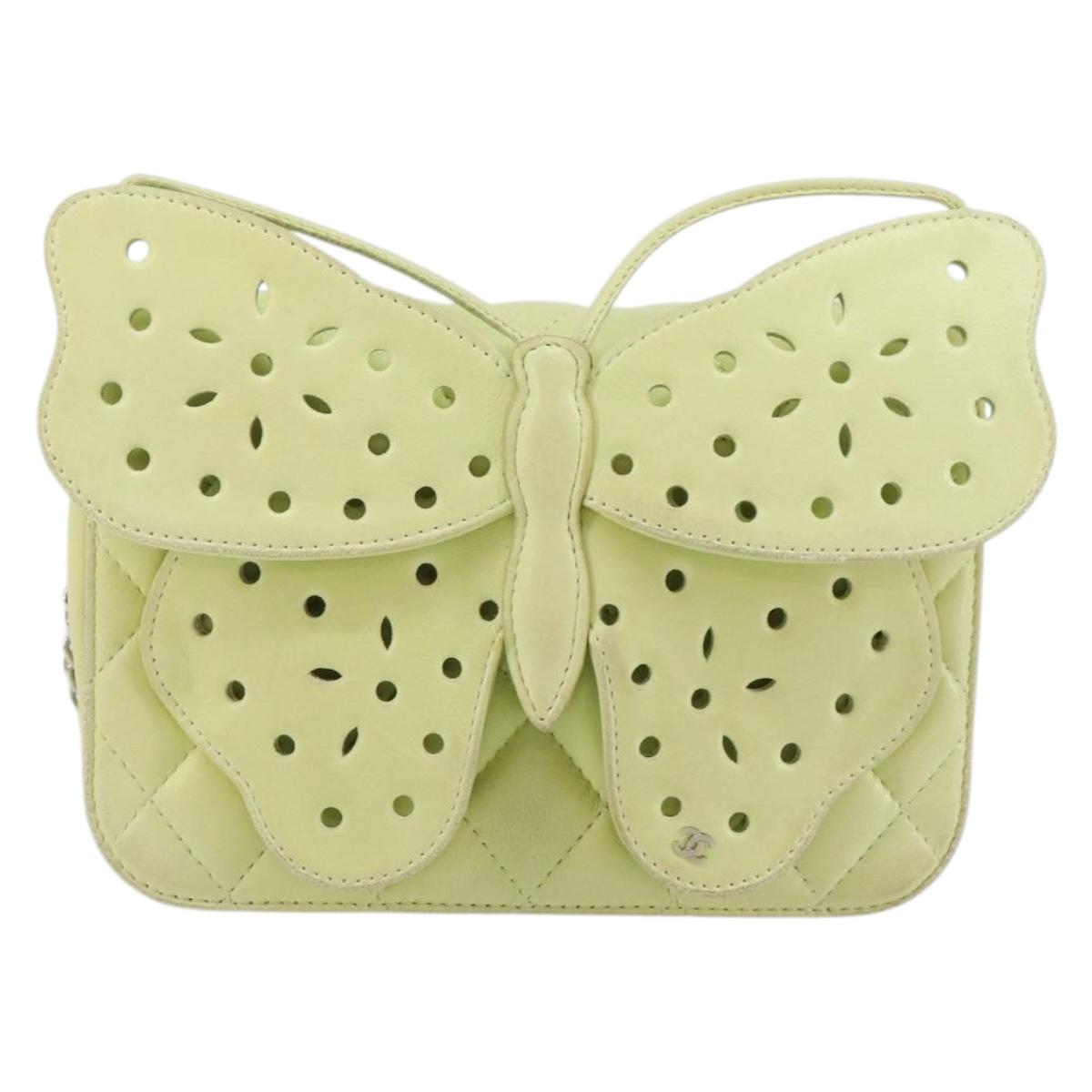 CHANEL Matelasse Chain Shoulder Bag Lamb Skin LIme Green Silver CC Auth 140123V