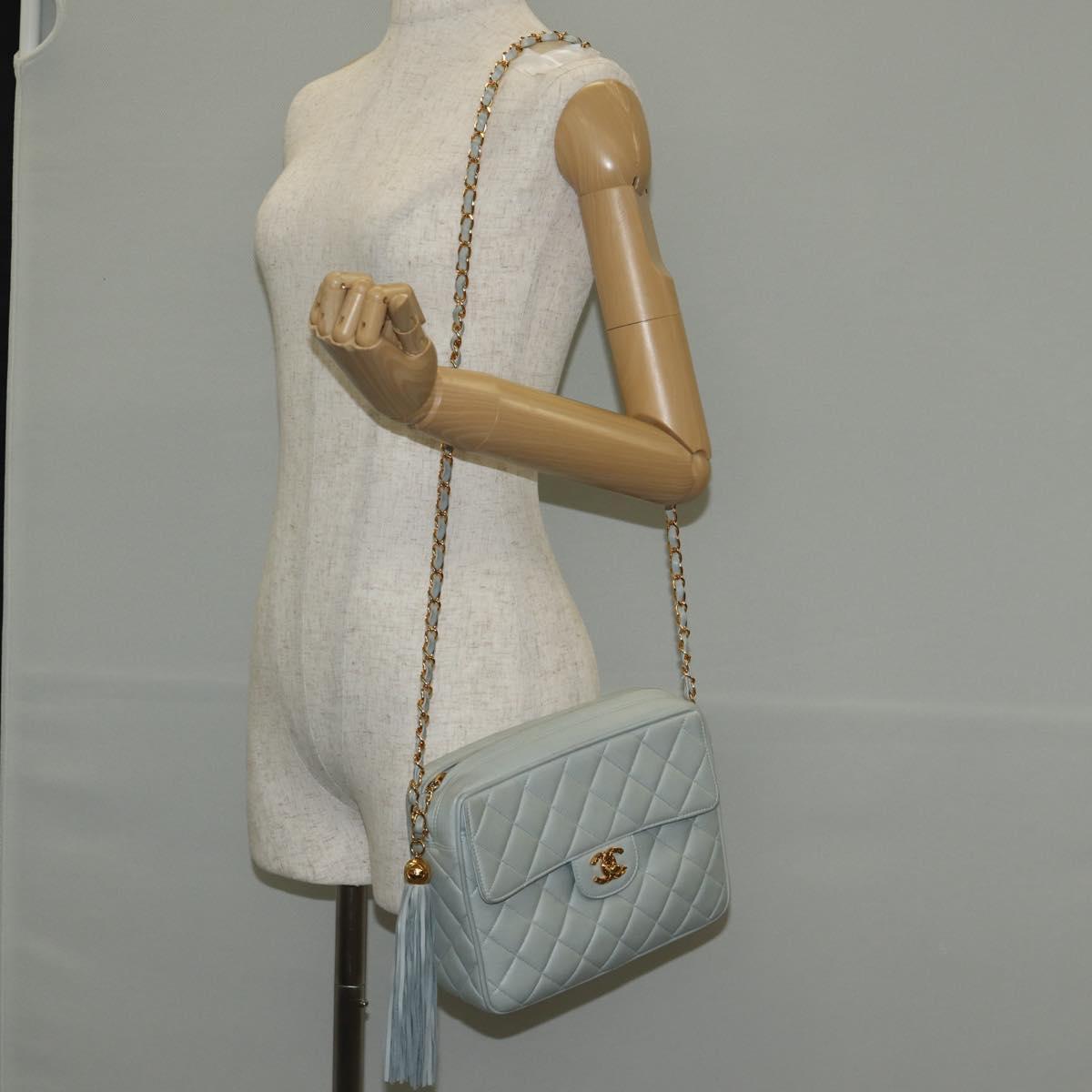 CHANEL Matelasse Chain Shoulder Bag Lamb Skin Light Blue Gold CC Auth 140125V