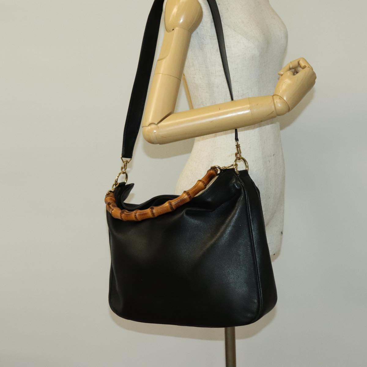 GUCCI Bamboo Shoulder Bag Leather 2way Black Gold 001 3444 1577 Auth 140164