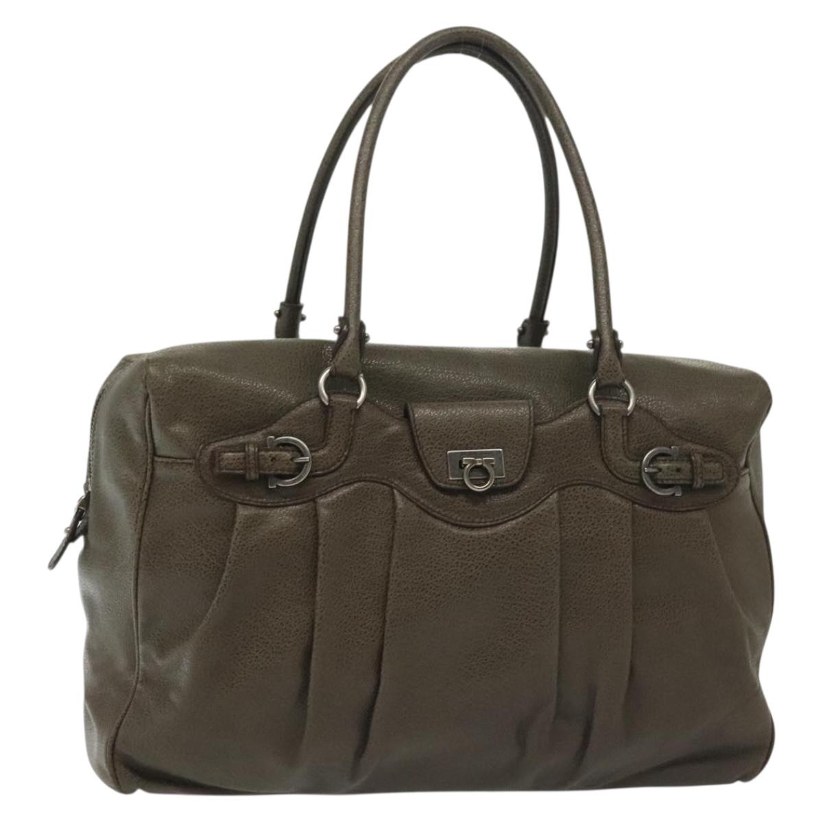 Salvatore Ferragamo Gancini Hand Bag Leather Khaki Silver Auth 140186