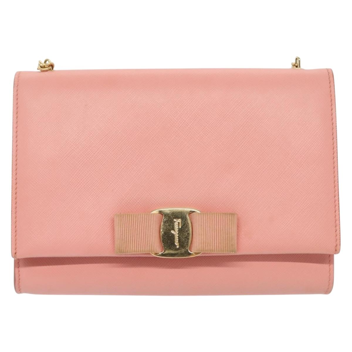 Salvatore Ferragamo Chain Vala Shoulder Bag Leather Pink Gold Auth 140214