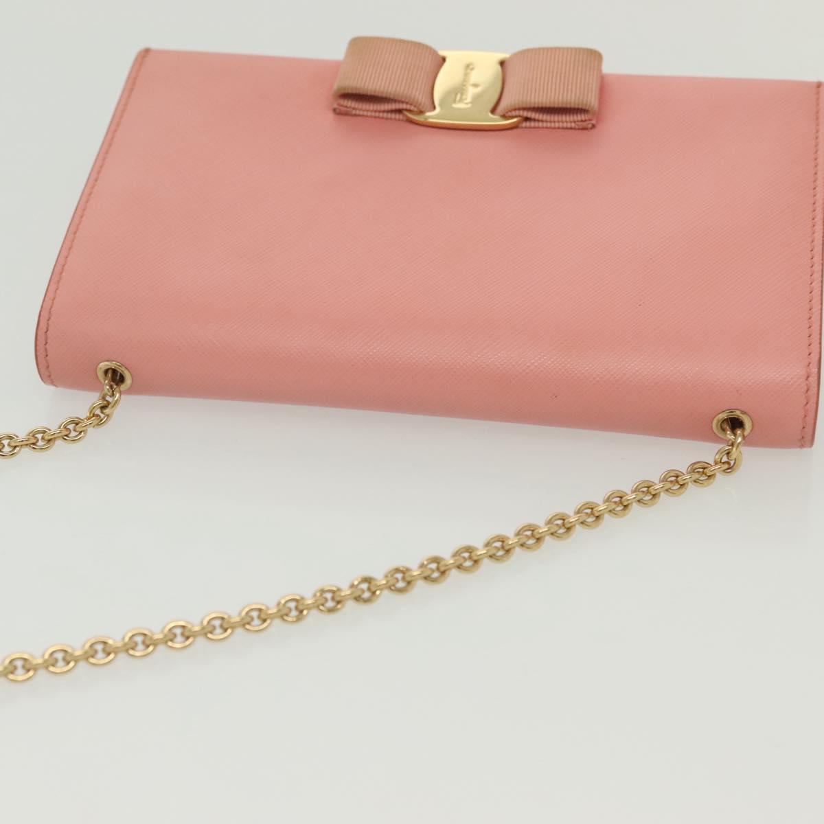 Salvatore Ferragamo Chain Vala Shoulder Bag Leather Pink Gold Auth 140214