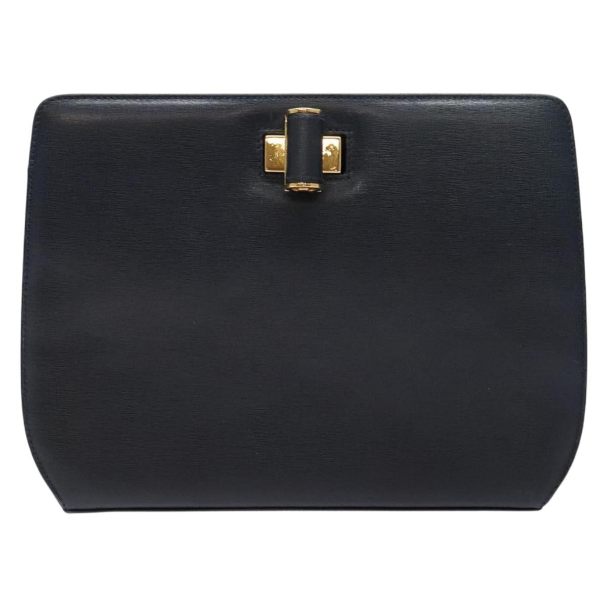 Salvatore Ferragamo Gancini Chain Shoulder Bag Leather Navy Gold Auth 140222