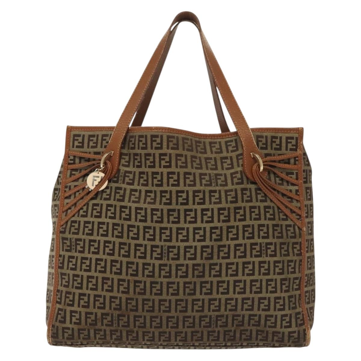 FENDI Zucchino Canvas Tote Bag Beige Gold Auth 140239