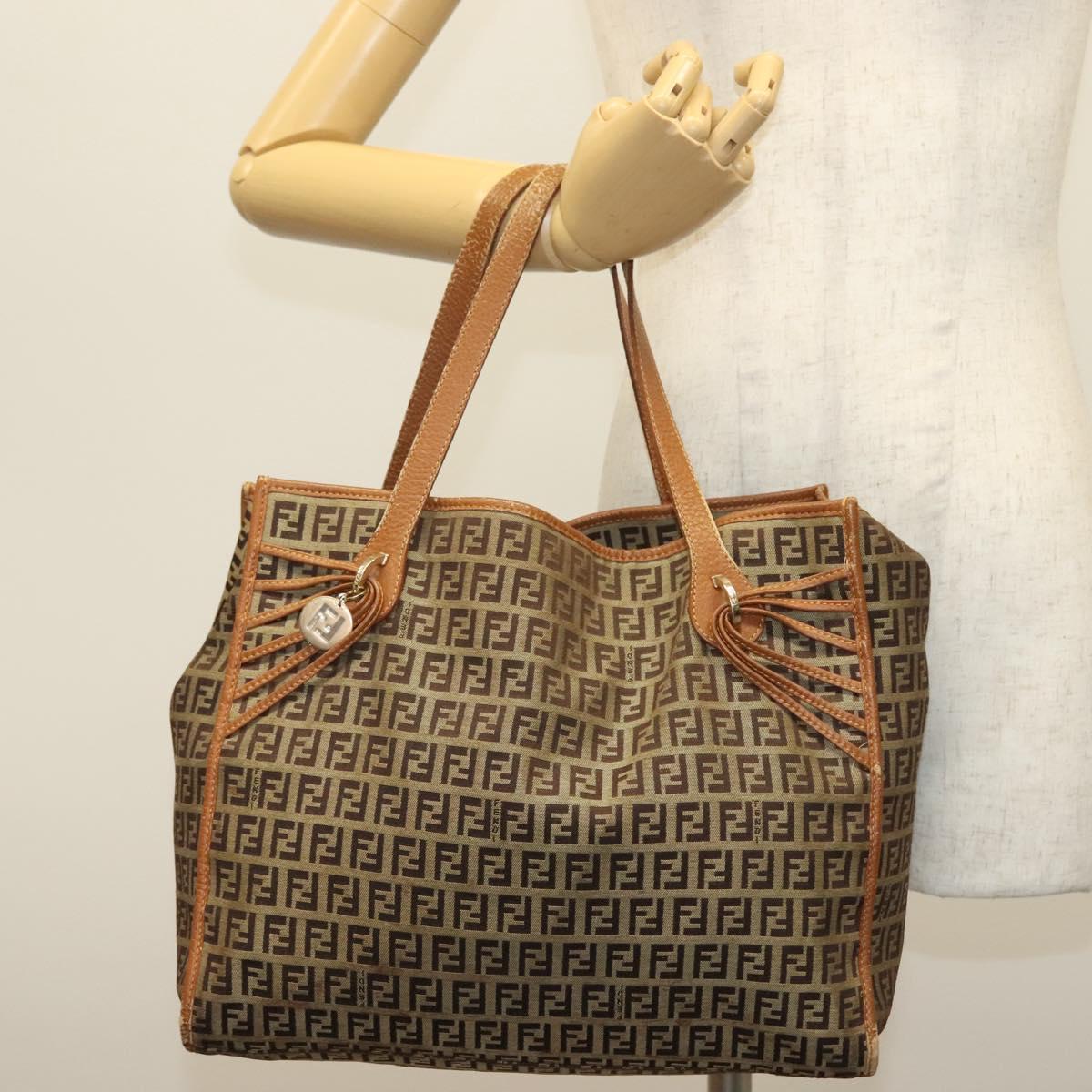 FENDI Zucchino Canvas Tote Bag Beige Gold Auth 140239