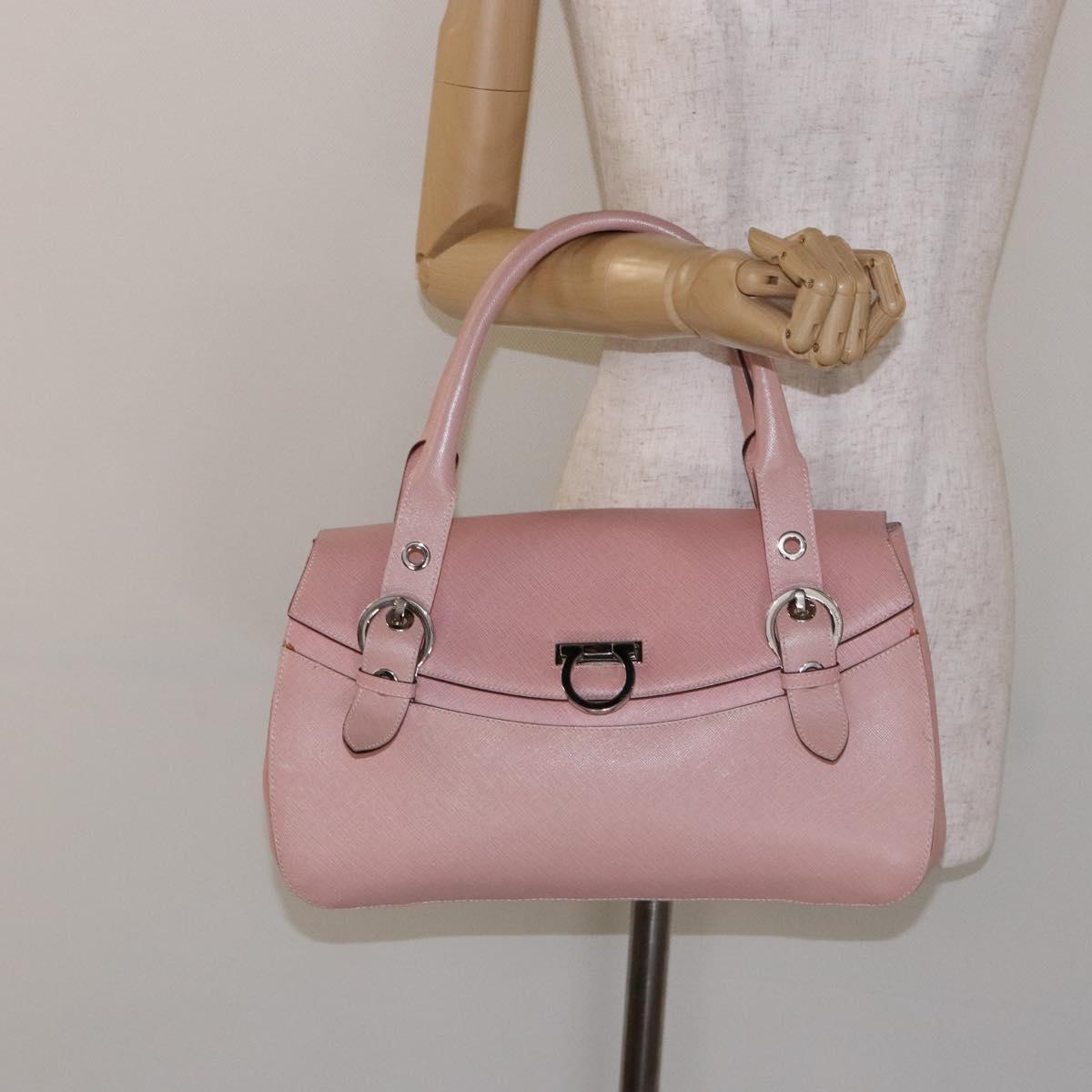 Salvatore Ferragamo Gancini Hand Bag Leather Pink Silver Auth 140343