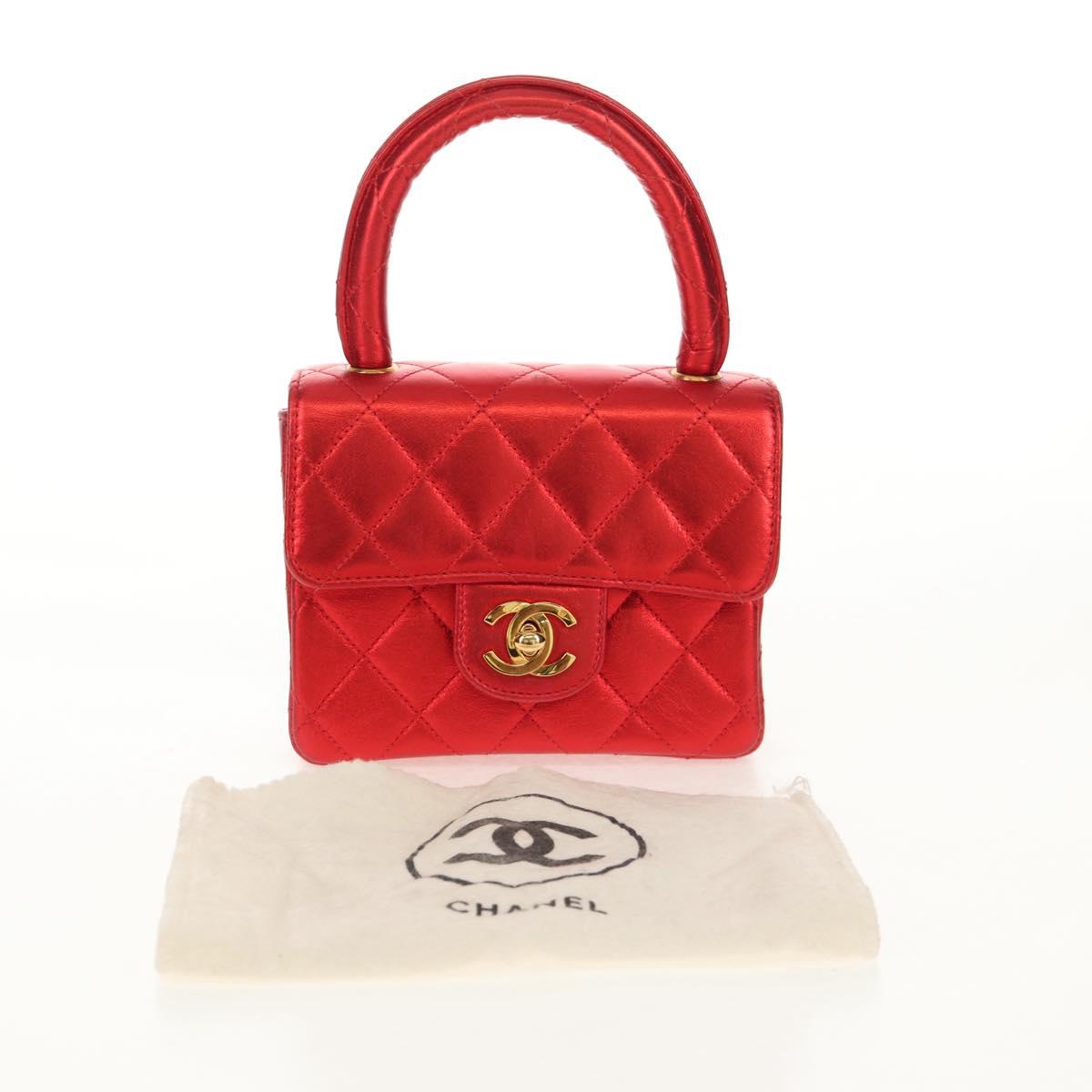 CHANEL Matelasse Top Handle Hand Bag Leather Red Gold CC Auth 140357SM