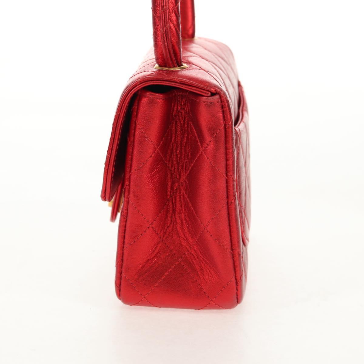 CHANEL Matelasse Top Handle Hand Bag Leather Red Gold CC Auth 140357M