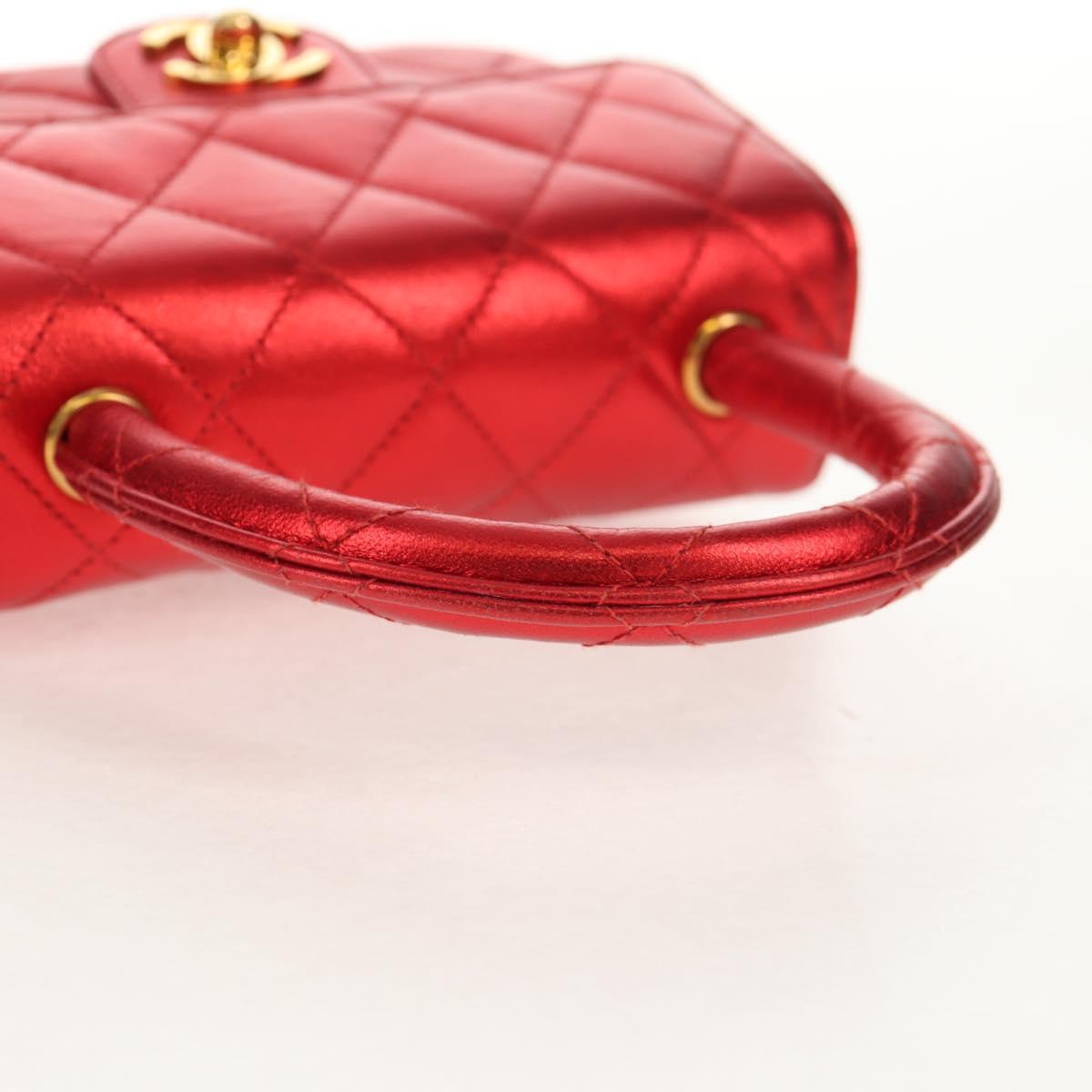 CHANEL Matelasse Top Handle Hand Bag Leather Red Gold CC Auth 140357SM
