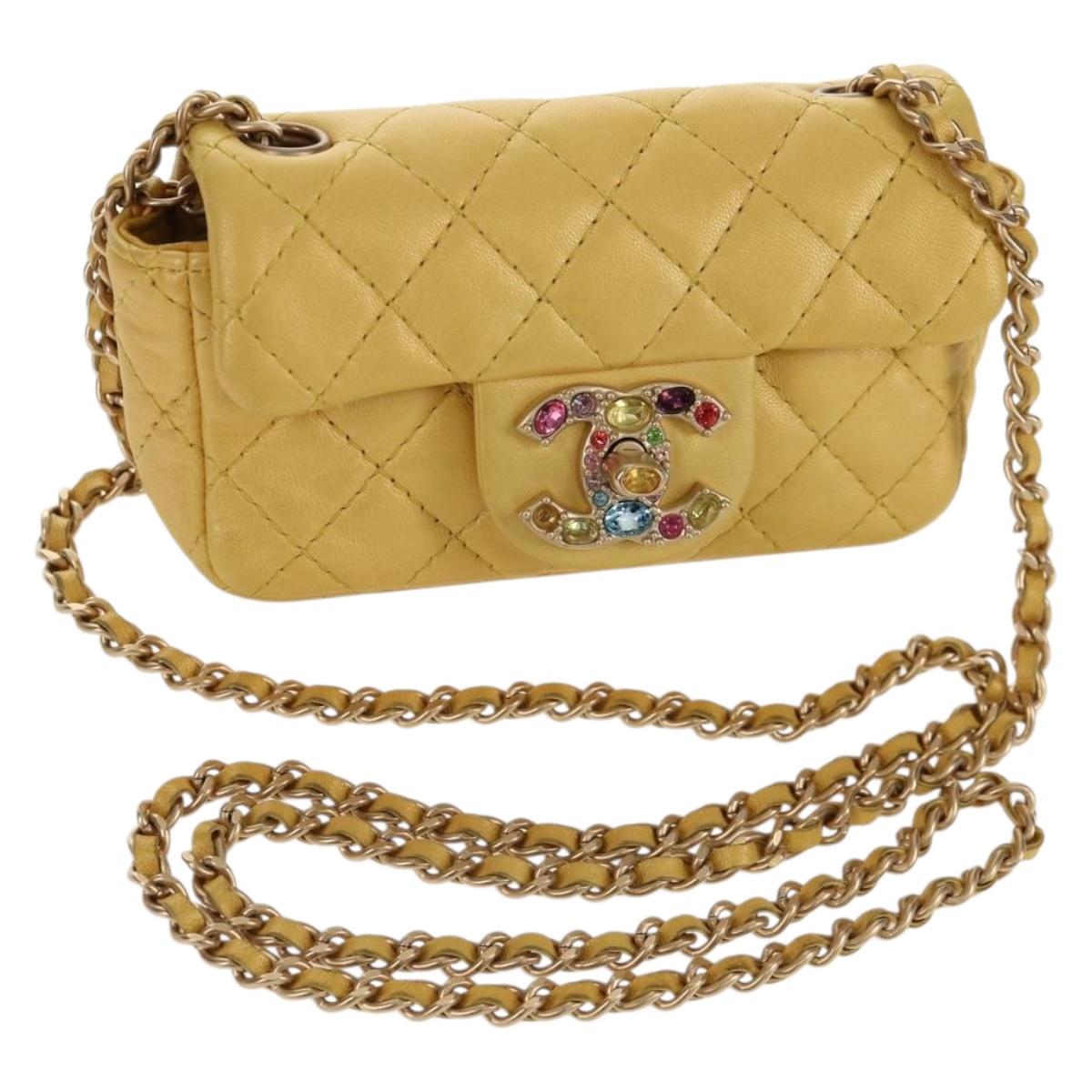 CHANEL Chain Matelasse Shoulder Bag Leather Yellow Gold CC Auth 140358M