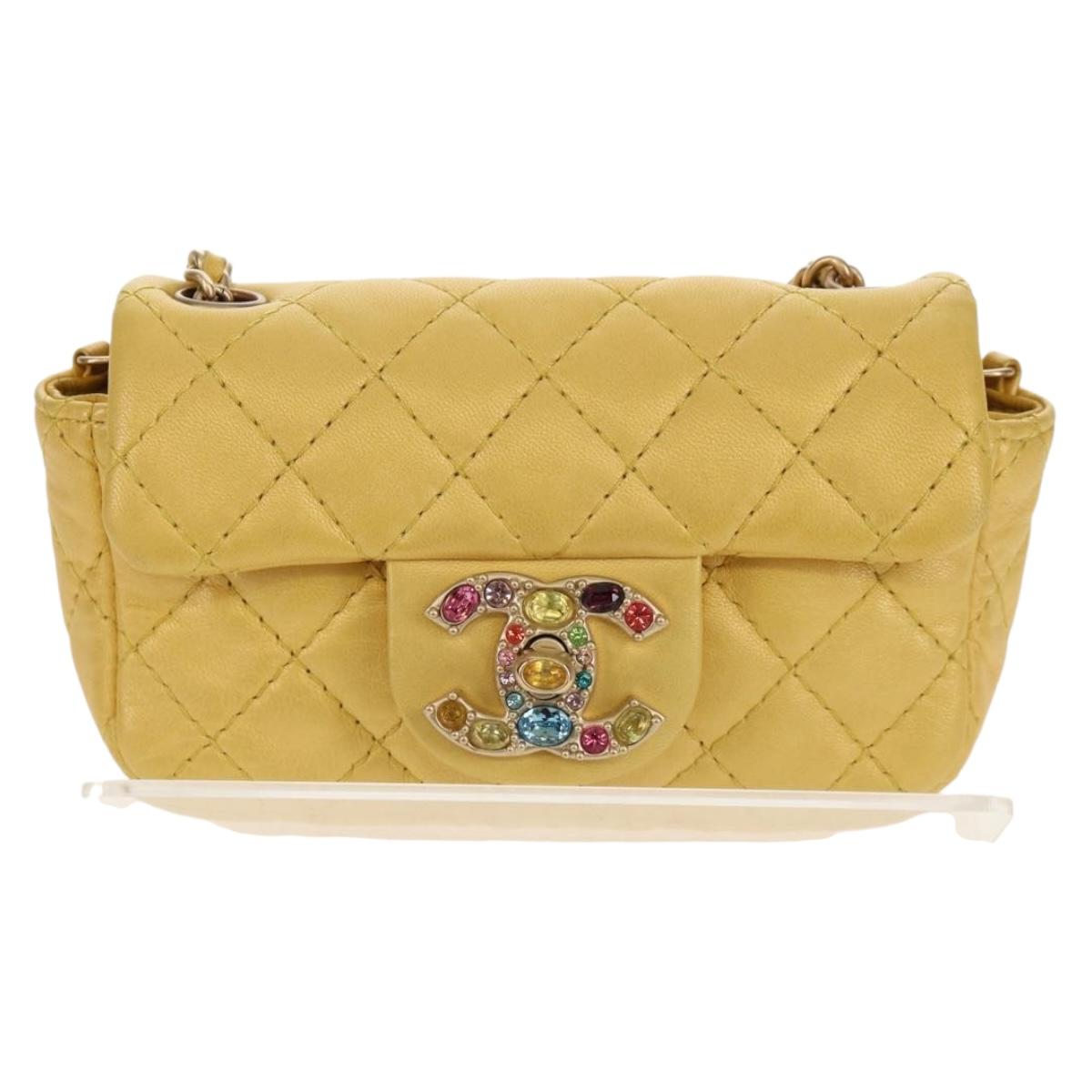 CHANEL Chain Matelasse Shoulder Bag Leather Yellow Gold CC Auth 140358M